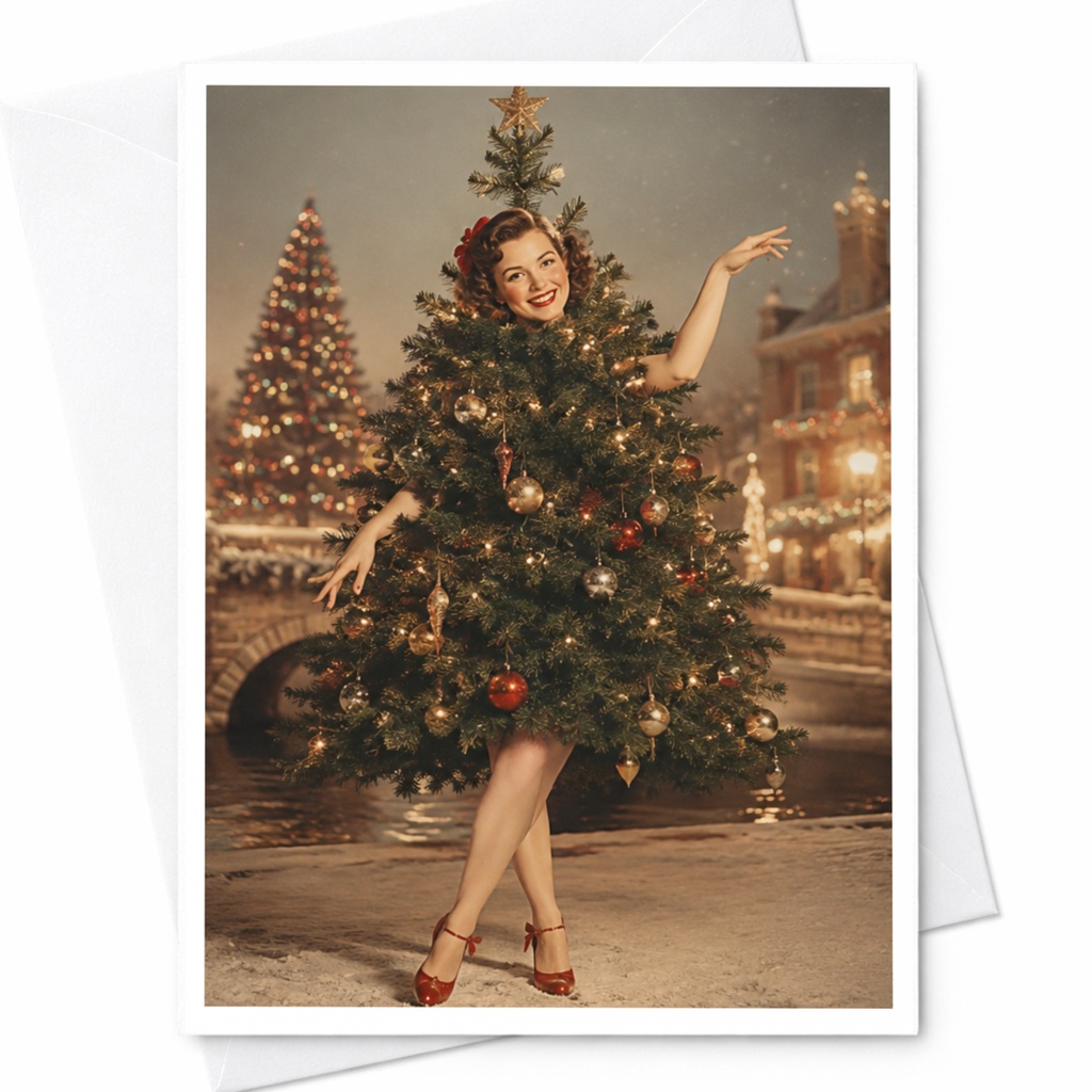 Christmas Tree Woman Card Festive Holiday Greeting Card Vintage Style Christmas Card For Families Fantasy Lovers C5440