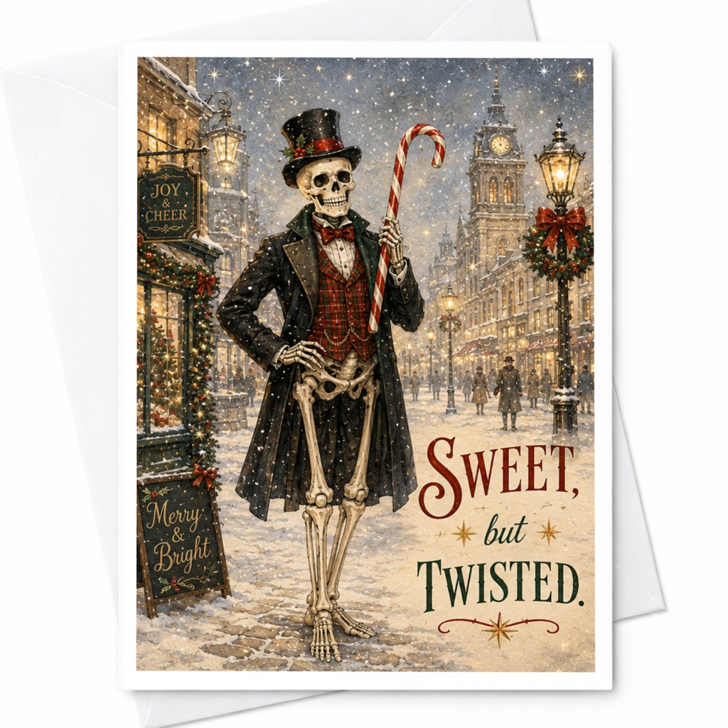 Sweet, But Twisted. Funny Skeleton Christmas Card Spooky Holiday Greeting Card With Candy Cane Gothic Xmas Card C5451