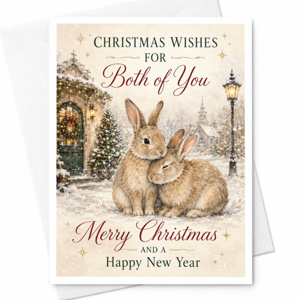 Christmas Wishes For Both Of You Merry Christmas And A Happy New Year Christmas Card Cute Bunnies Winter Scene Holiday Card C5455