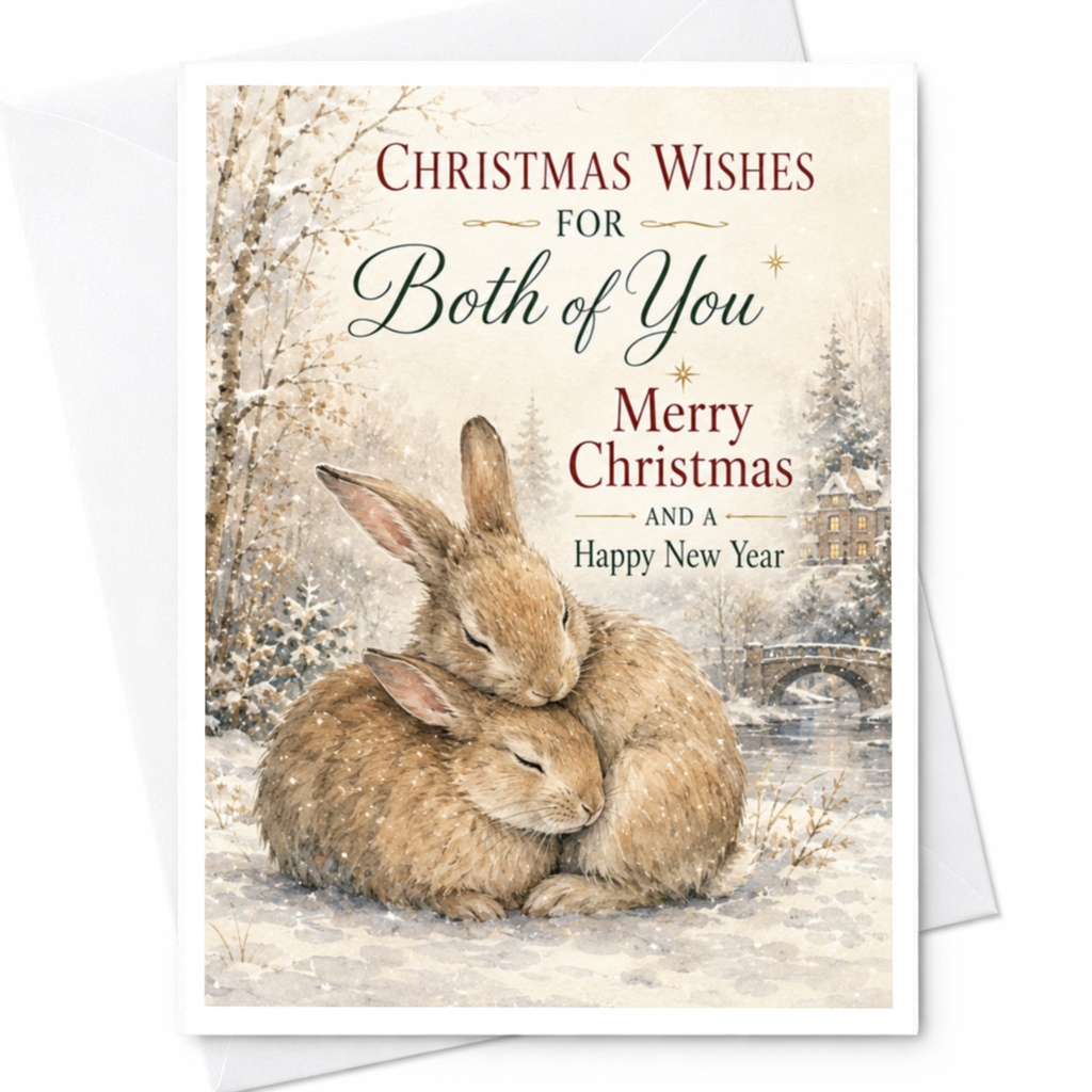 Christmas Wishes For Both Of You Merry Christmas And A Happy New Year Christmas Card Cute Rabbits Winter Scene Holiday Card C5456