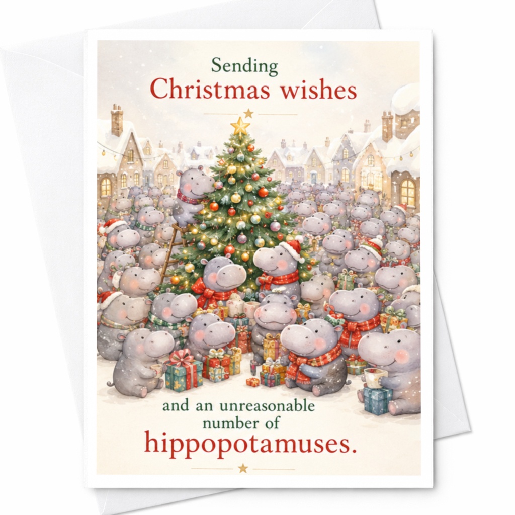 Sending Christmas Wishes Hippopotamus Christmas Card Funny Holiday Card Cute Hippo Festive Greeting Card For Friends Family C5465