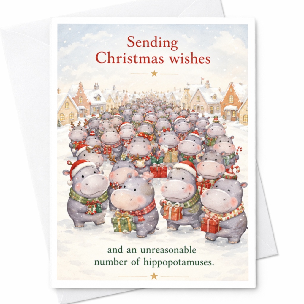 Sending Christmas Wishes And An Unreasonable Number Of Hippopotamuses Funny Christmas Card Cute Hippo Holiday Card C5466