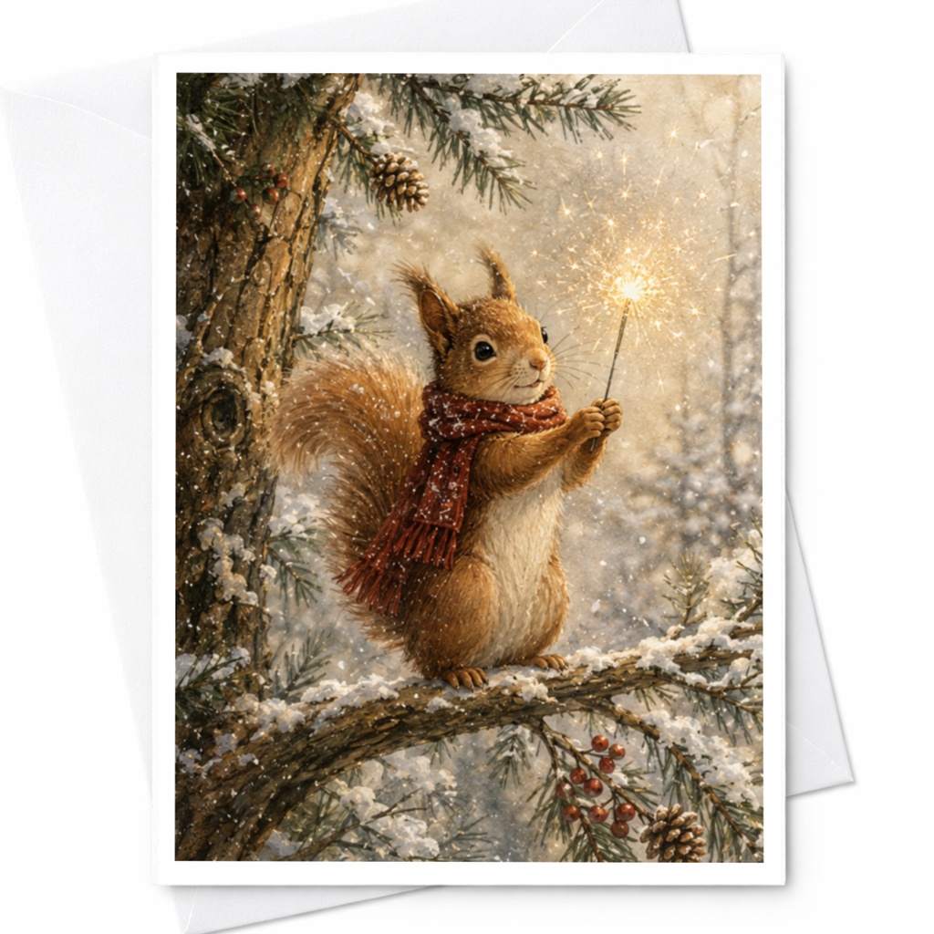 Squirrel With Sparkler Christmas Greeting Card Winter Animal Holiday Card Cute Woodland Scene For Nature Lover C5468