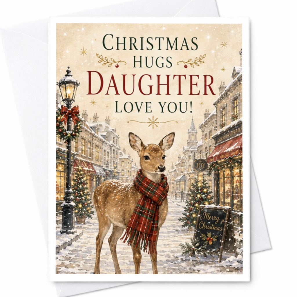 Christmas Hugs Daughter Love You! Christmas Card For Daughter Festive Deer Scene Holiday Greeting Card From Parents C5474