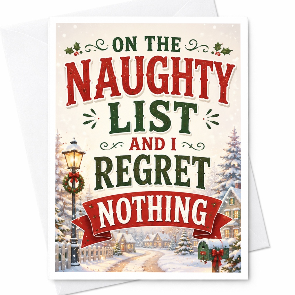 On The Naughty List And I Regret Nothing Funny Christmas Card Holiday Festive Winter Scene For Friends Family C5476