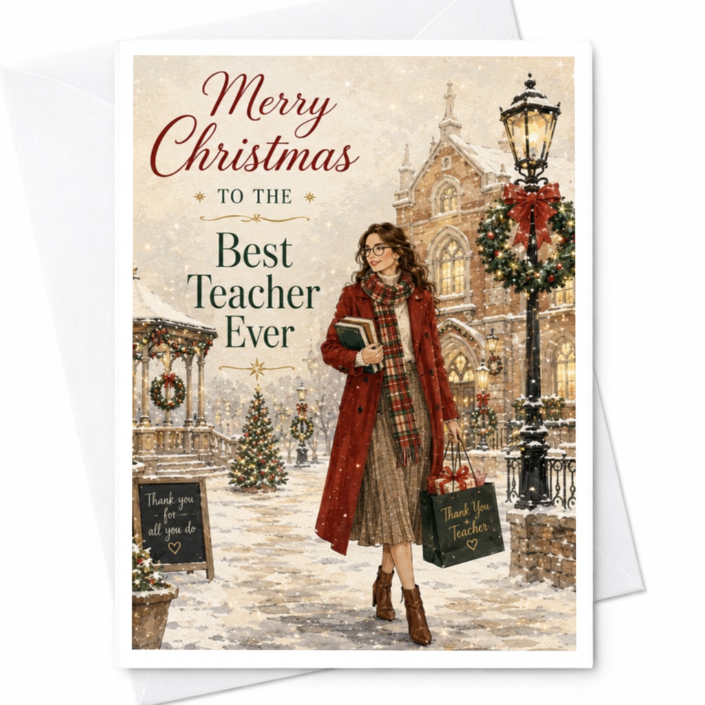 Merry Christmas To The Best Teacher Ever Christmas Card Holiday Greeting Card For Teacher Appreciation Winter Scene C5477