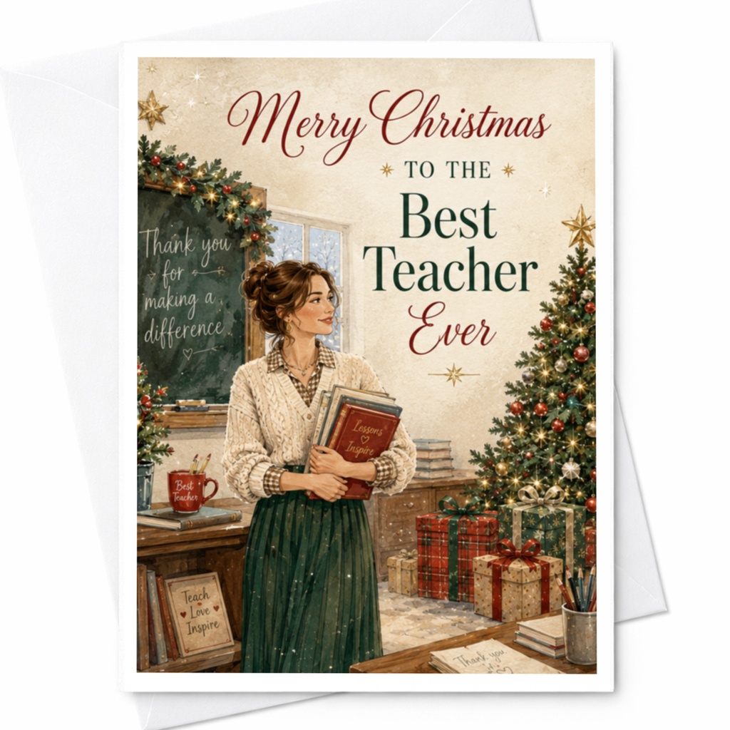 Merry Christmas To The Best Teacher Ever Christmas Card For Teacher Holiday Greeting Card Festive Xmas Card From Student C5478