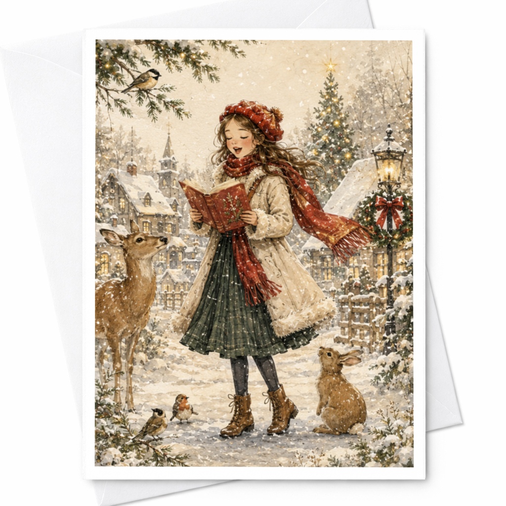 Vintage Christmas Greeting Card Nostalgic Holiday Scene With Girl And Forest Animals Classic Winter Card For Family Friends C5481