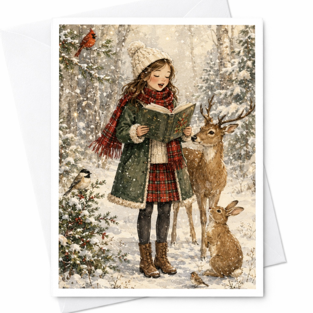 Vintage Christmas Greeting Card Girl Singing With Forest Animals Nostalgic Holiday Card Winter Scene For Family Friends C5482