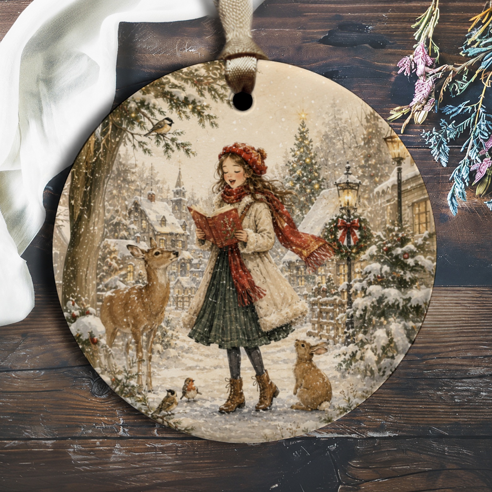Christmas Ornament Girl Singing With Animals Winter Scene Holiday Decor Festive Tree Decoration Vintage Inspired O1274