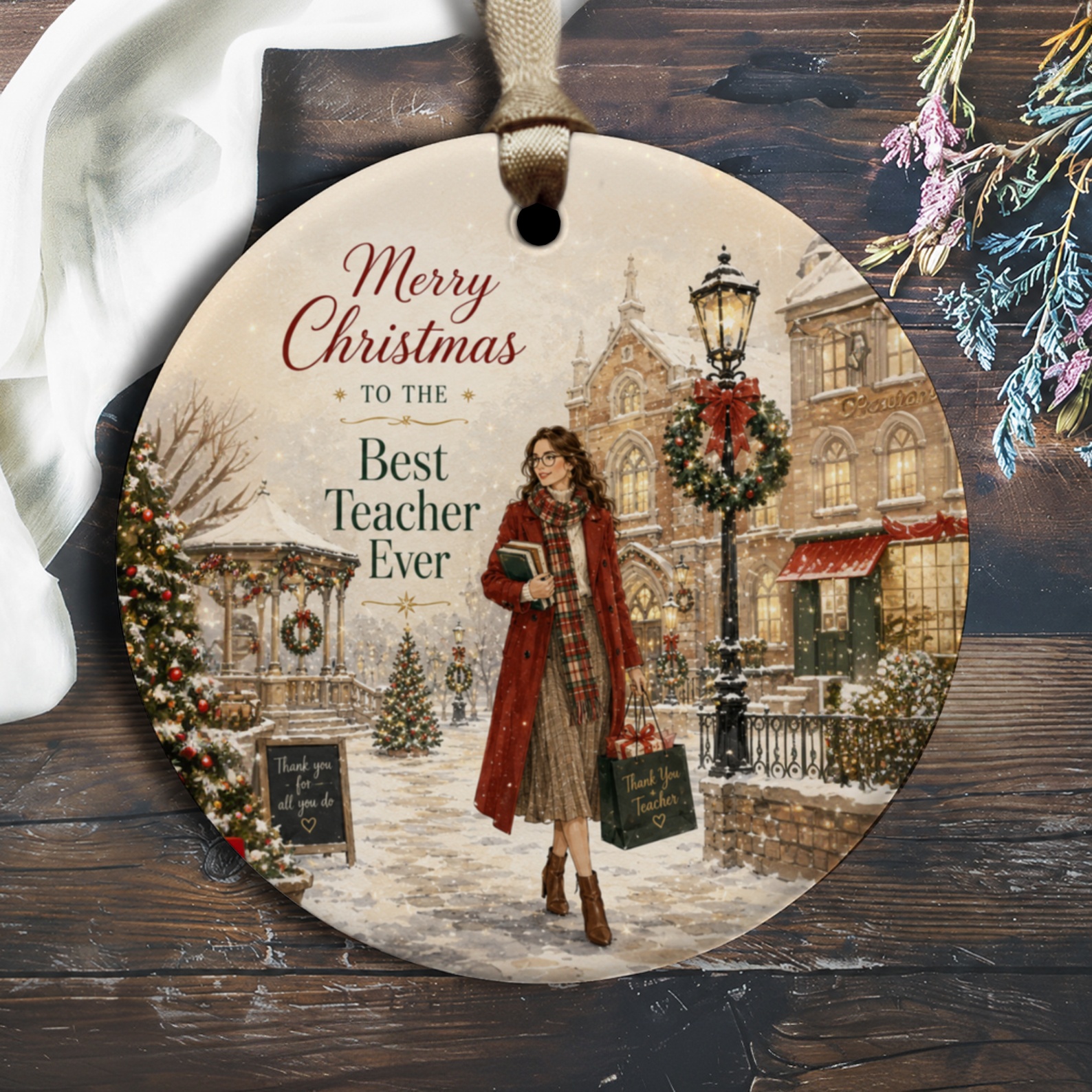 Merry Christmas To The Best Teacher Ever Ornament Holiday Gift For Teacher Appreciation Winter Scene Christmas Decoration O1278