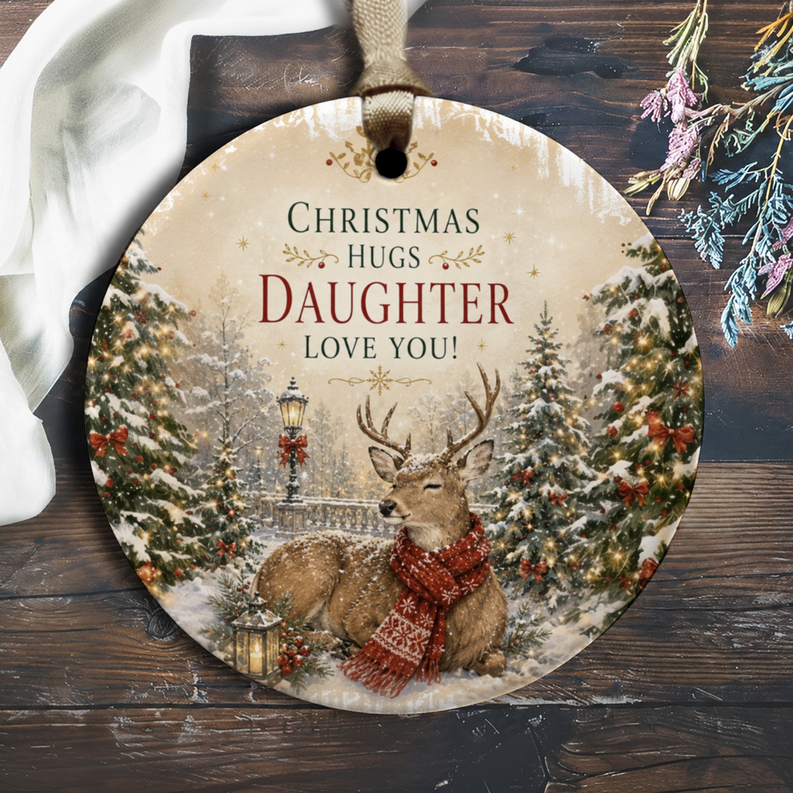 Christmas Hugs Daughter Love You! Ornament Christmas Decoration Deer With Scarf Snowy Forest Scene Holiday Gift O1283