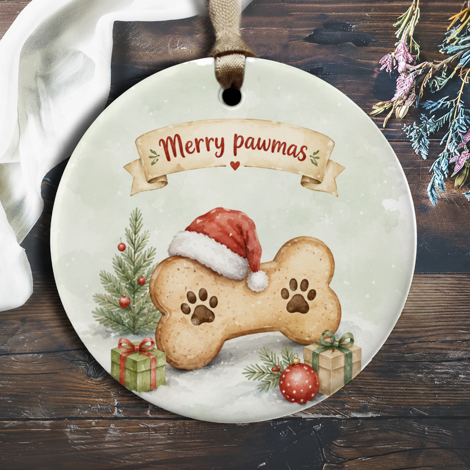 Merry Pawmas Dog Christmas Ornament Cute Pet Lover Holiday Decor Santa Hat Bone Gift O1286