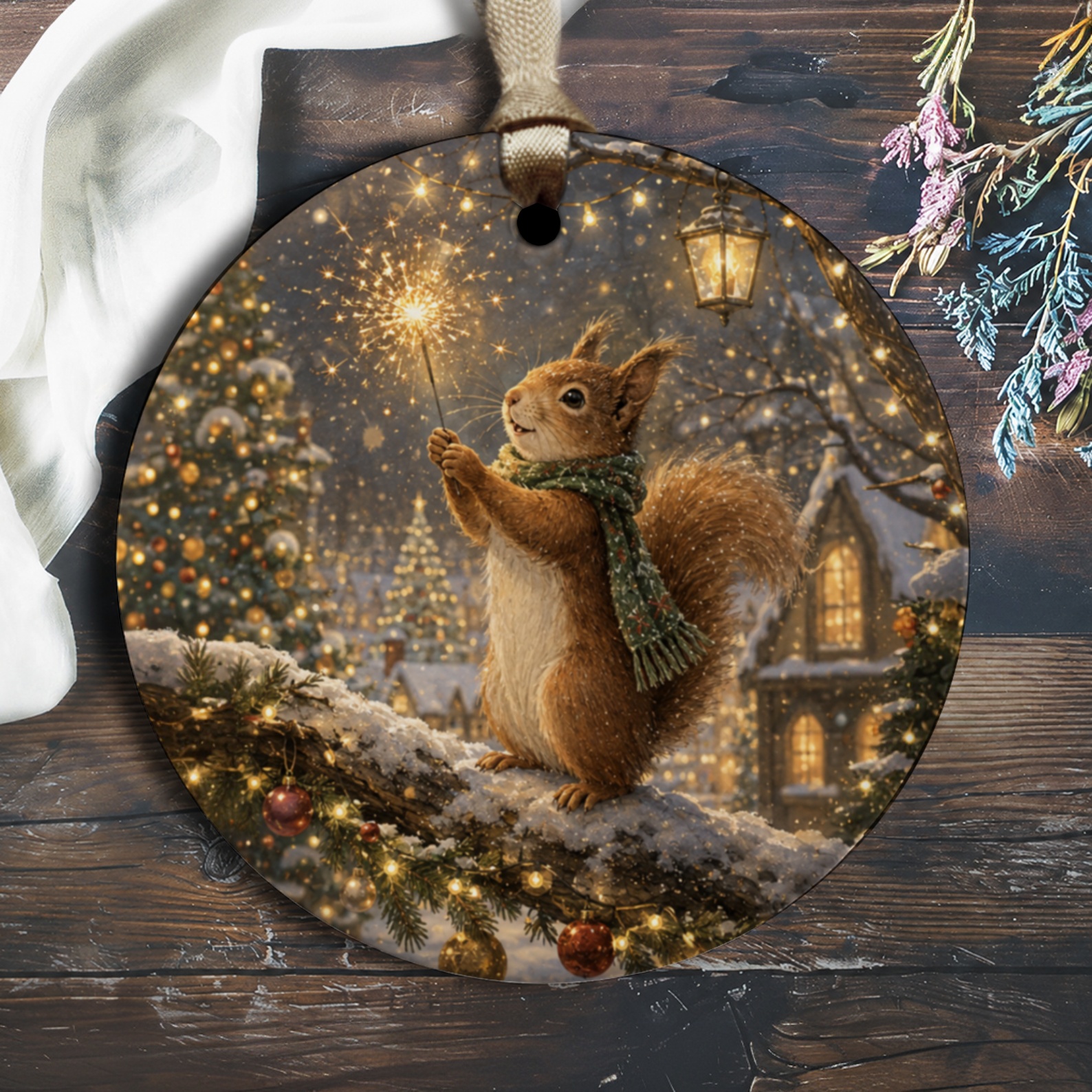 Squirrel With Sparkler Christmas Ornament Winter Woodland Animal Decoration Holiday Tree Decor Cute Festive Ornament O1288