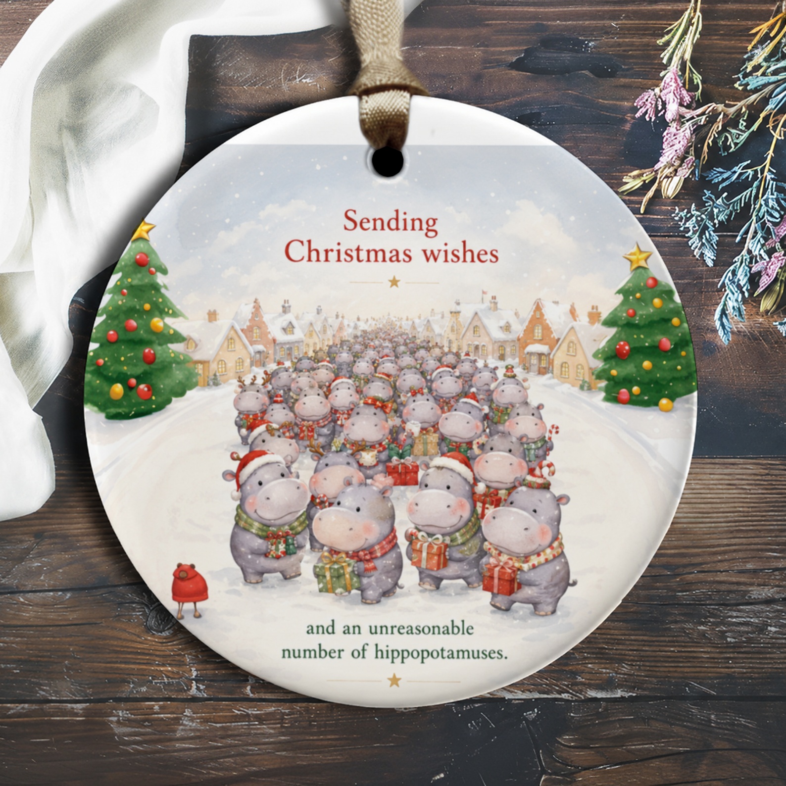 Sending Christmas Wishes Ornament Cute Holiday Decor With Hippopotamuses Funny Christmas Gift Idea For Animal Lovers O1289