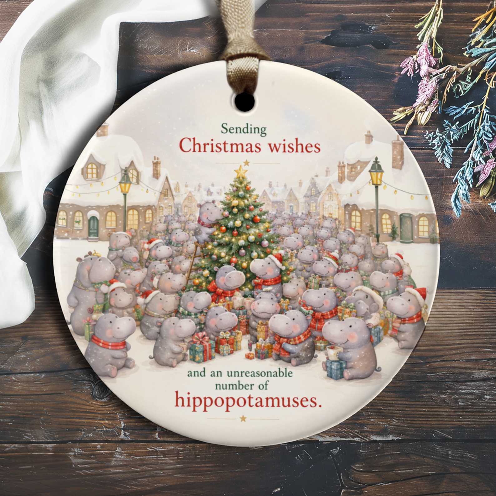 Sending Christmas Wishes Ornament Cute Hippopotamus Christmas Ornament Holiday Decor Funny Animal Ornament Xmas Tree O1290