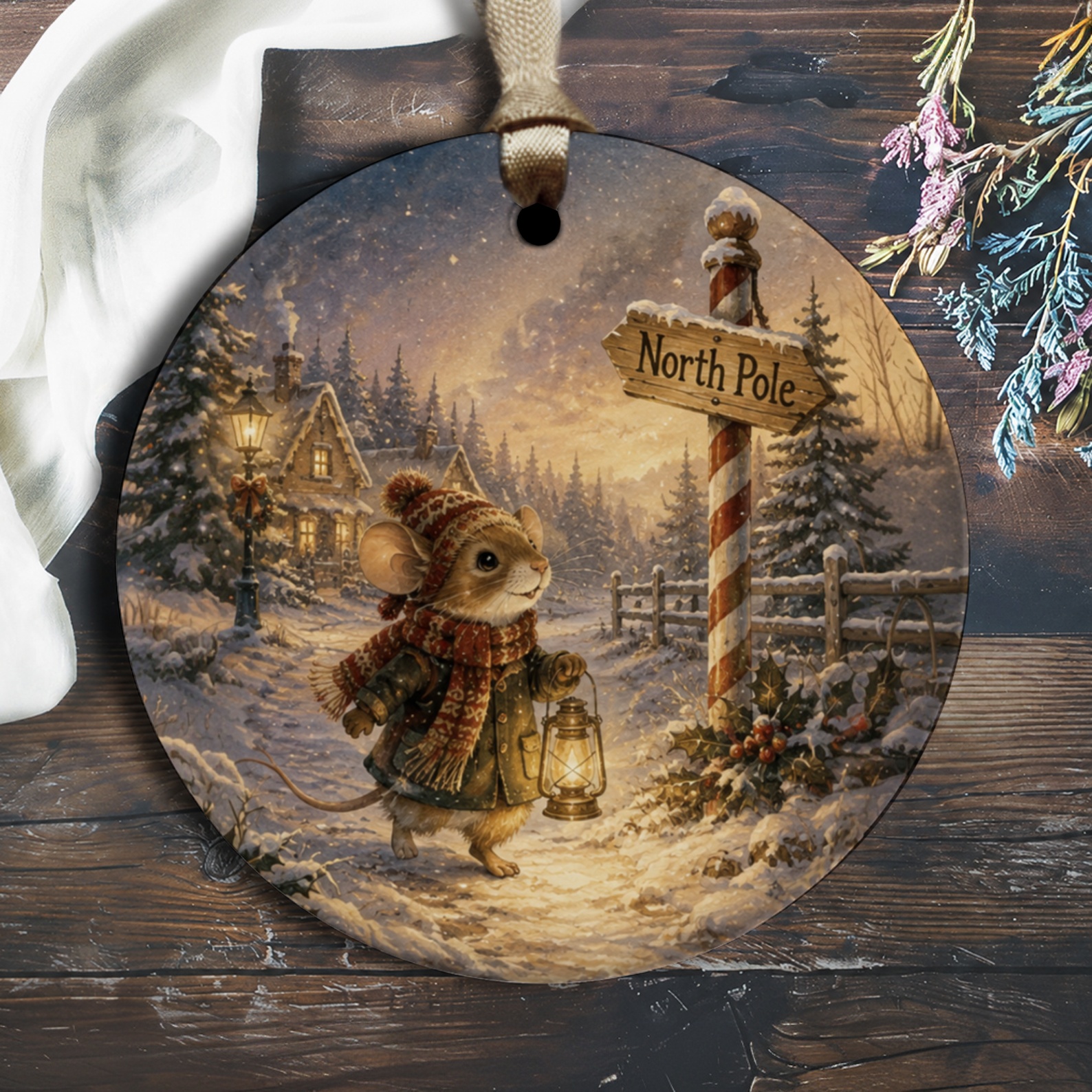 North Pole Christmas Ornament Cute Mouse Winter Scene Holiday Decor Festive Home Decoration Gift For Animal Lover O1295