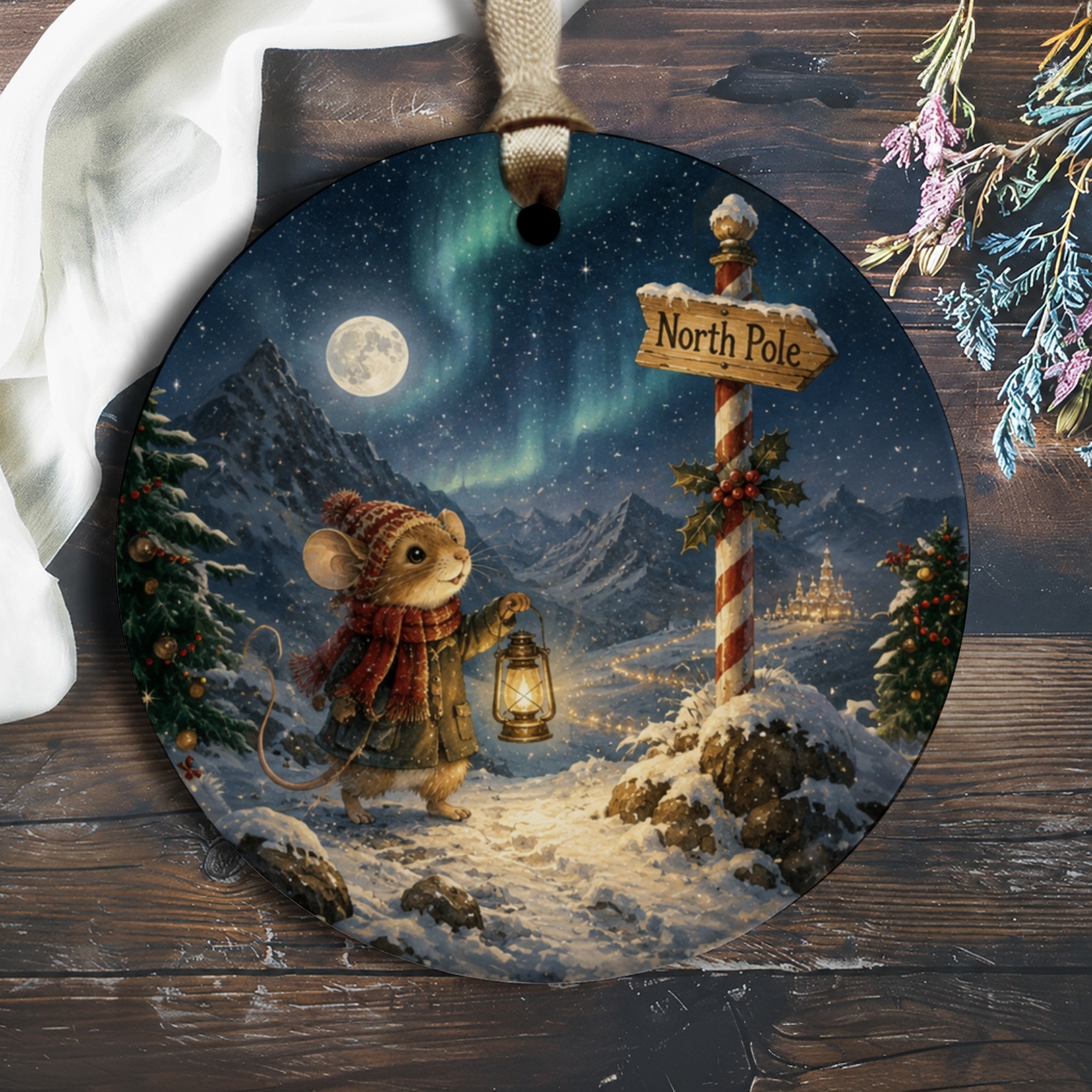 North Pole Christmas Ornament Cute Mouse With Lantern Winter Scene Holiday Decor Festive Tree Decoration Gift O1296