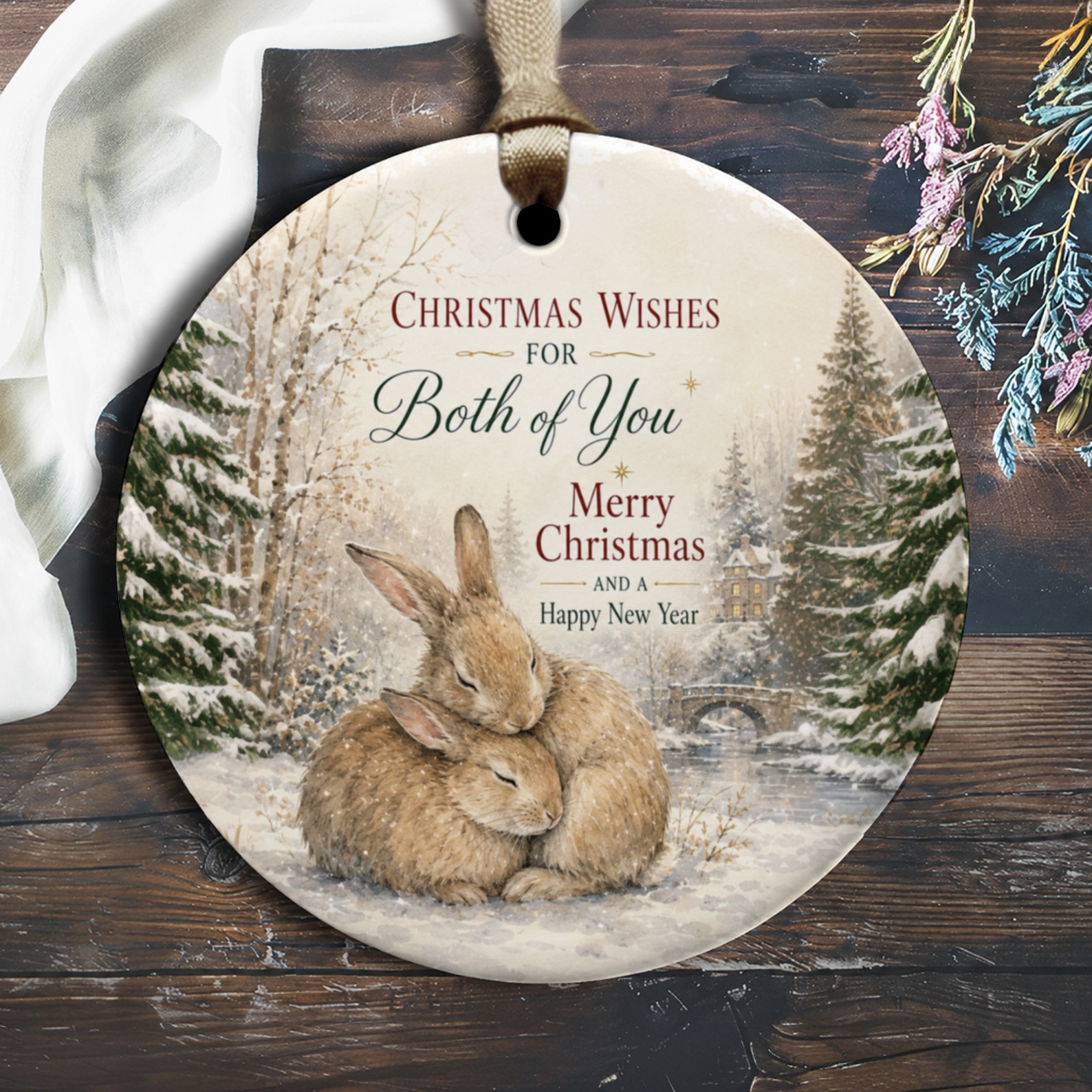 Christmas Wishes For Both Of You Ornament Merry Christmas And A Happy New Year Winter Rabbits Scene Holiday Decor O1297