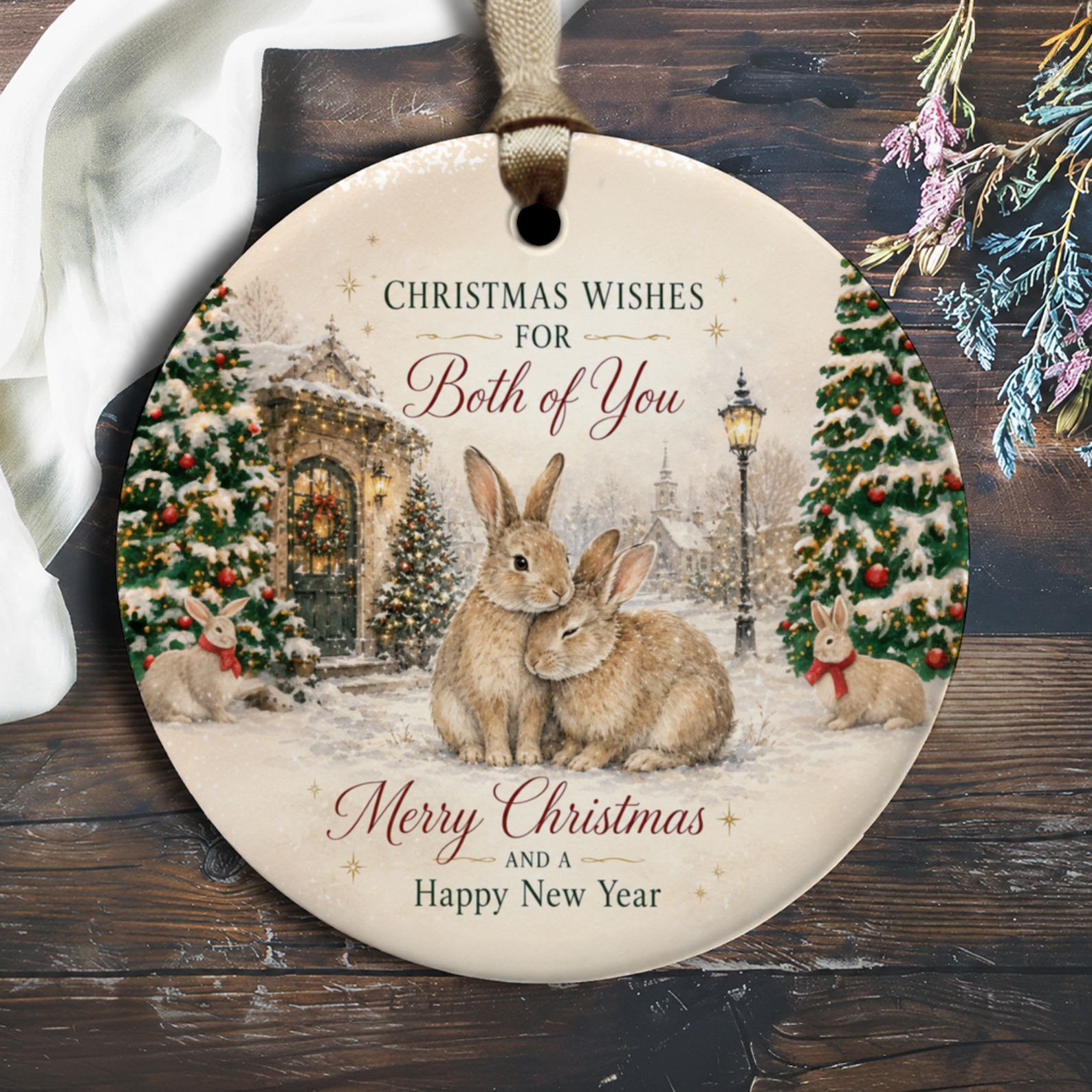 Christmas Wishes For Both Of You Ornament Merry Christmas And A Happy New Year Bunnies Winter Scene Holiday Decor O1298