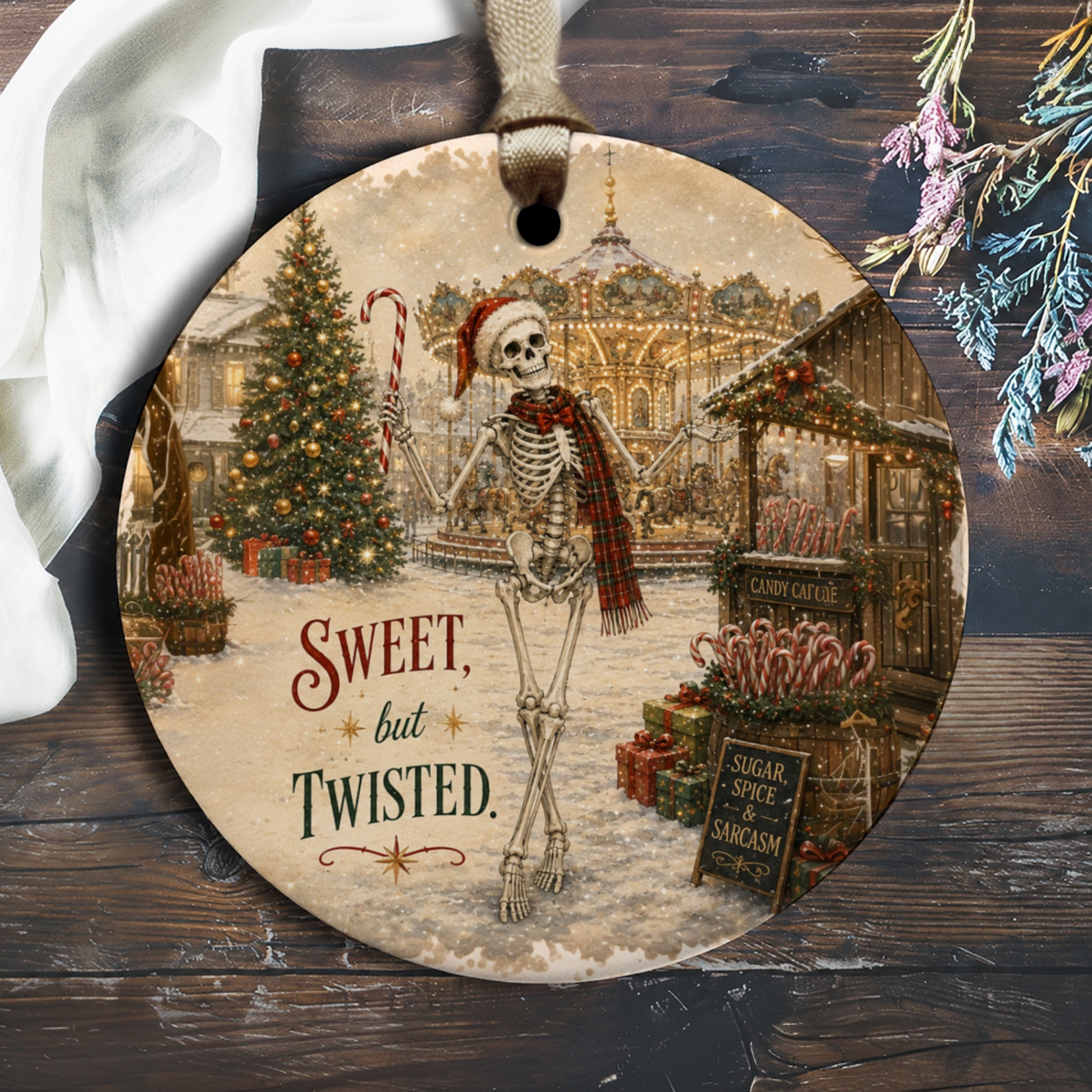 Sweet, But Twisted. Christmas Ornament Skeleton With Candy Cane Holiday Decor Funny Festive Tree Decoration Gift O1299