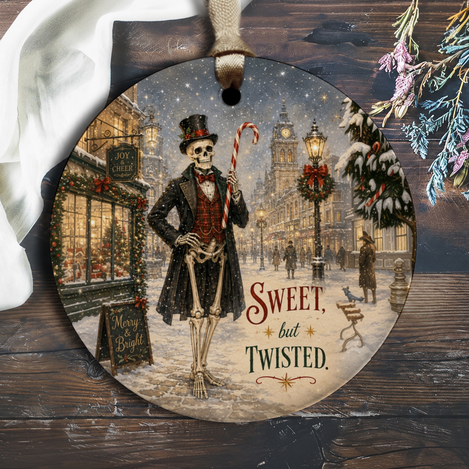 Sweet, But Twisted. Christmas Ornament Skeleton With Candy Cane Holiday Decor Gothic Winter Decoration Unique Gift O1300