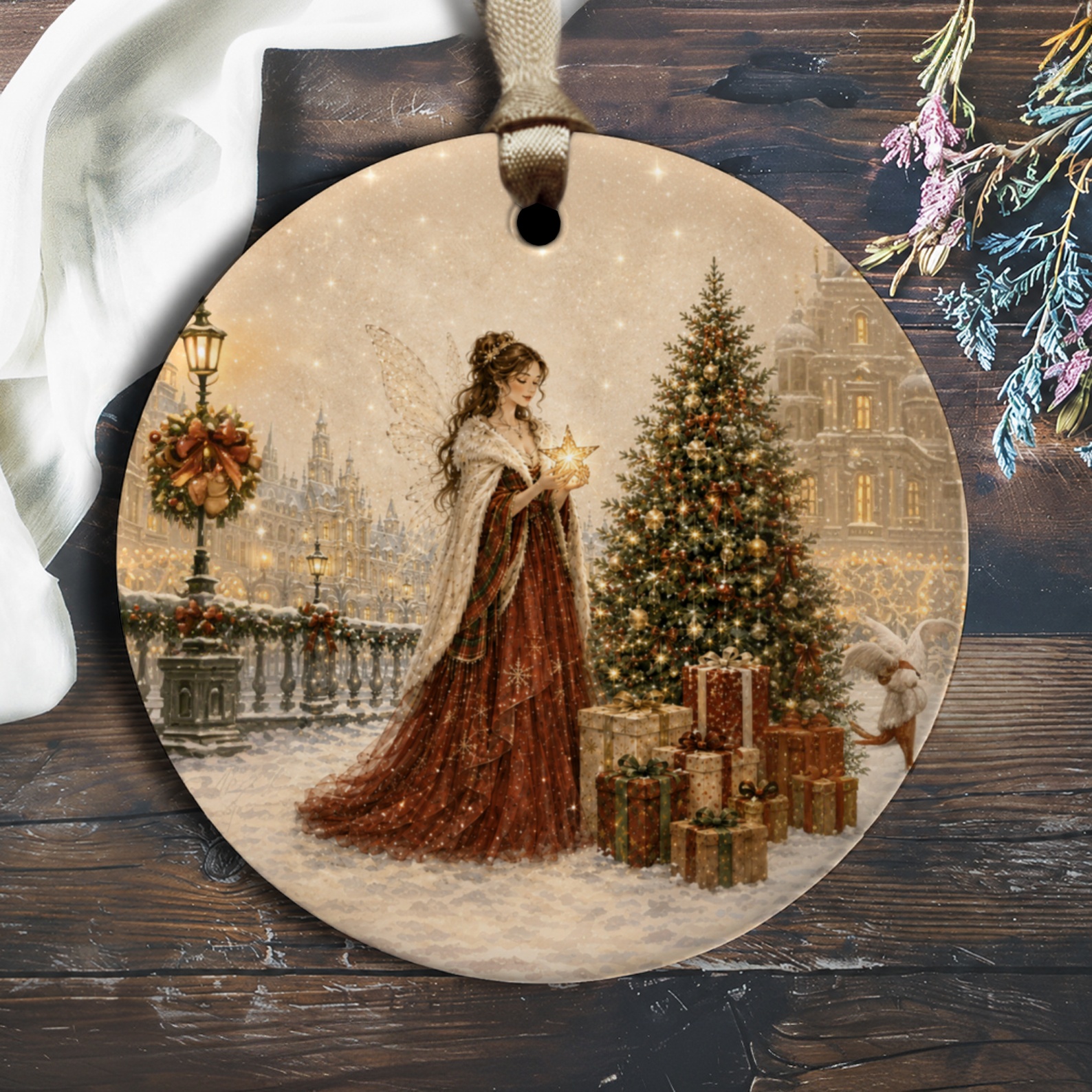 Christmas Angel Ornament Holiday Decor Elegant Winter Scene With Tree And Gifts Festive Home Decoration O1308