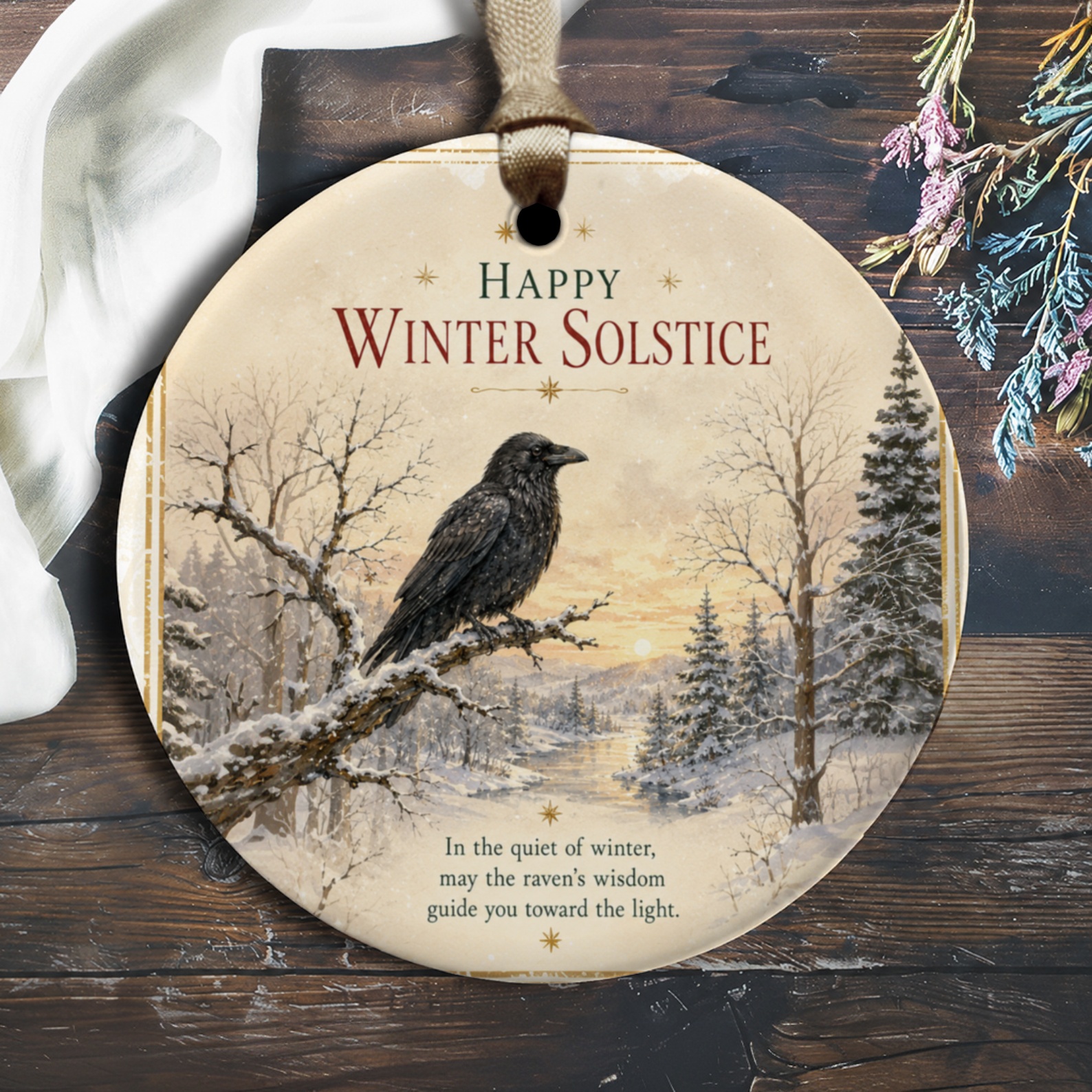 Happy Winter Solstice Ornament Raven In Winter Landscape Seasonal Decor Nature Lover Gift Holiday Decoration O1311
