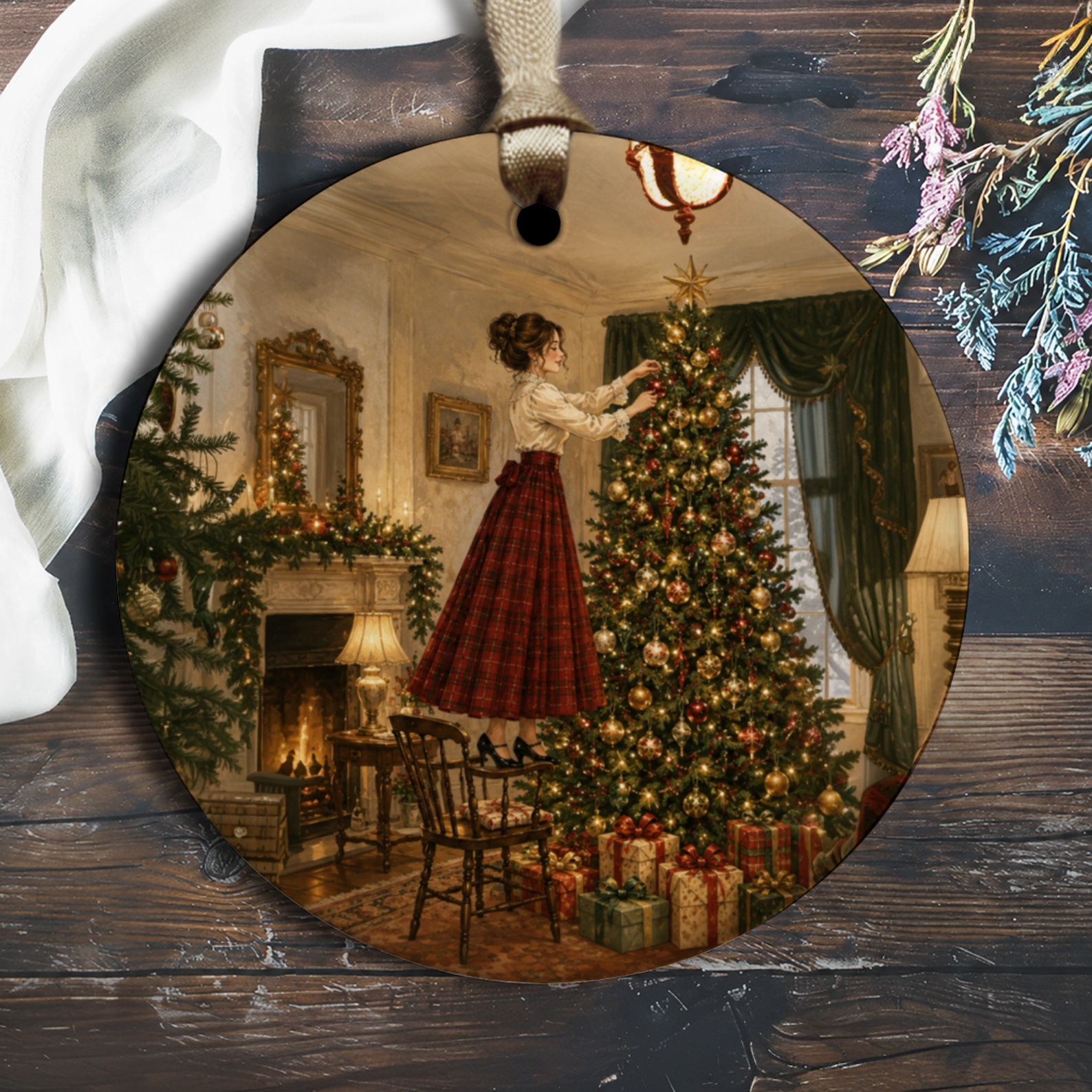 Victorian Christmas Scene Ornament Vintage Holiday Decor Elegant Christmas Tree Decoration Classic Festive Home Accent O1316