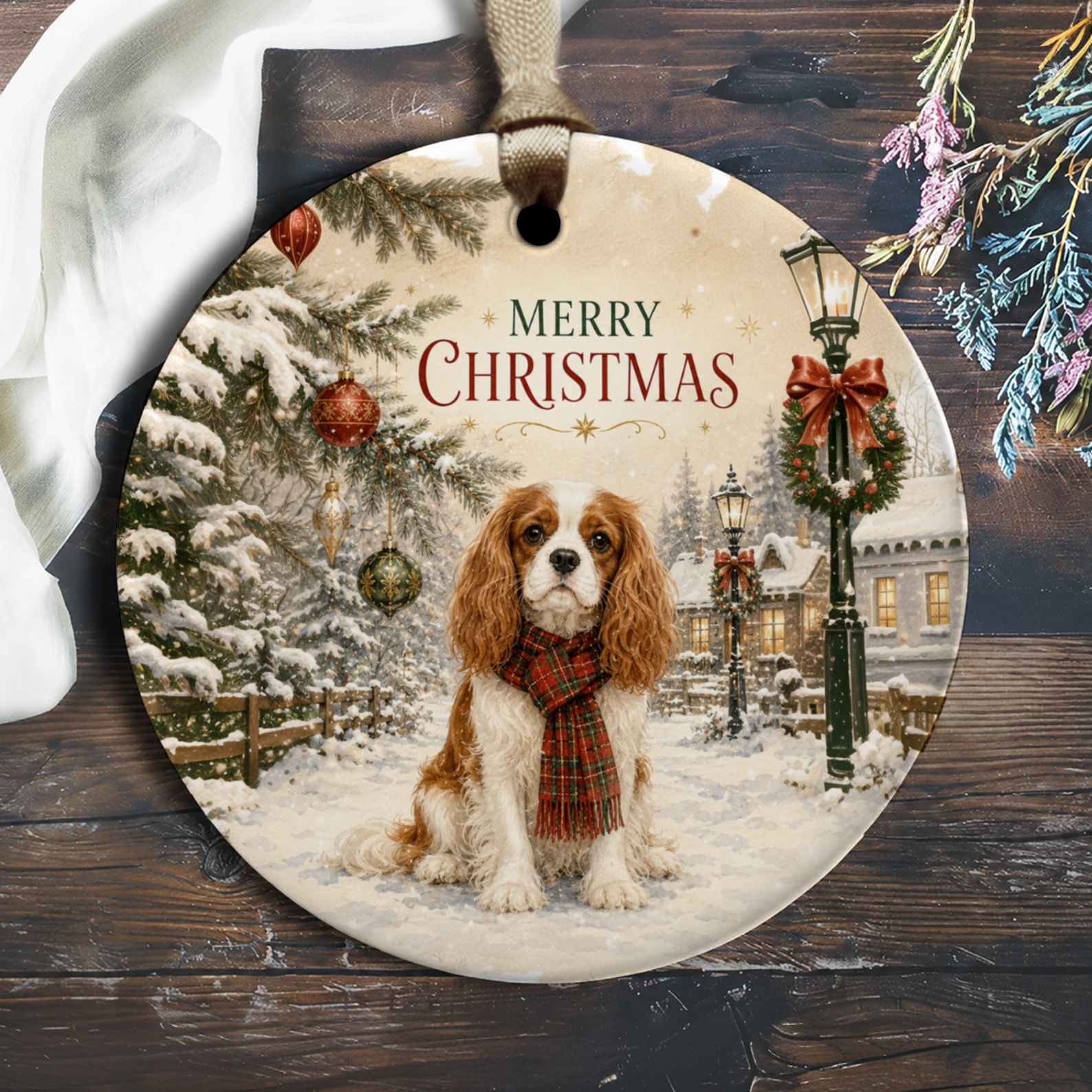 Merry Christmas Ornament Cute Dog Winter Scene Holiday Decor Cavalier King Charles Spaniel Christmas Tree Decoration O1319