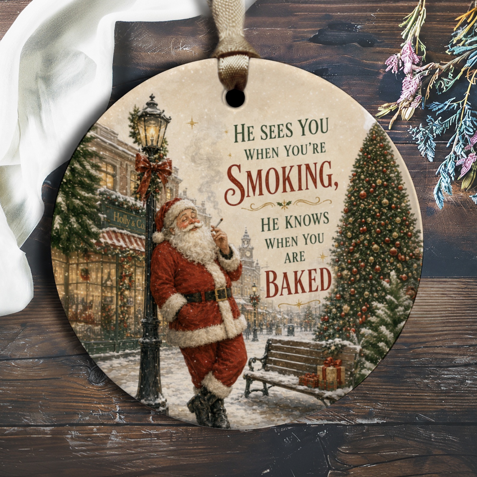 He Sees You When You're Smoking Funny Christmas Ornament Santa Holiday Decor Xmas Tree Decoration Gift O1325