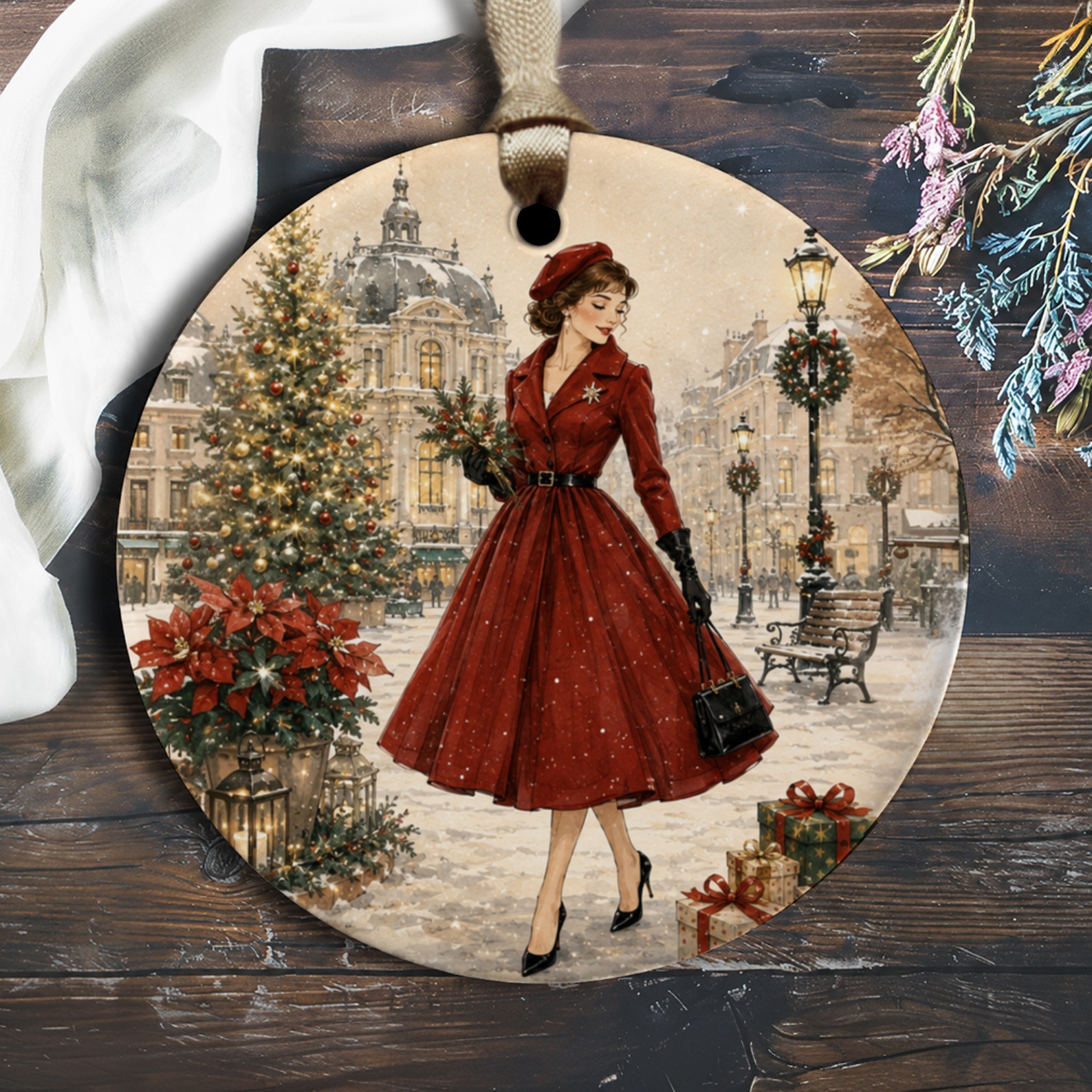 Vintage Christmas Ornament Elegant Winter Scene Woman In Red Dress Holiday Decor Festive Tree Decoration Gift O1330