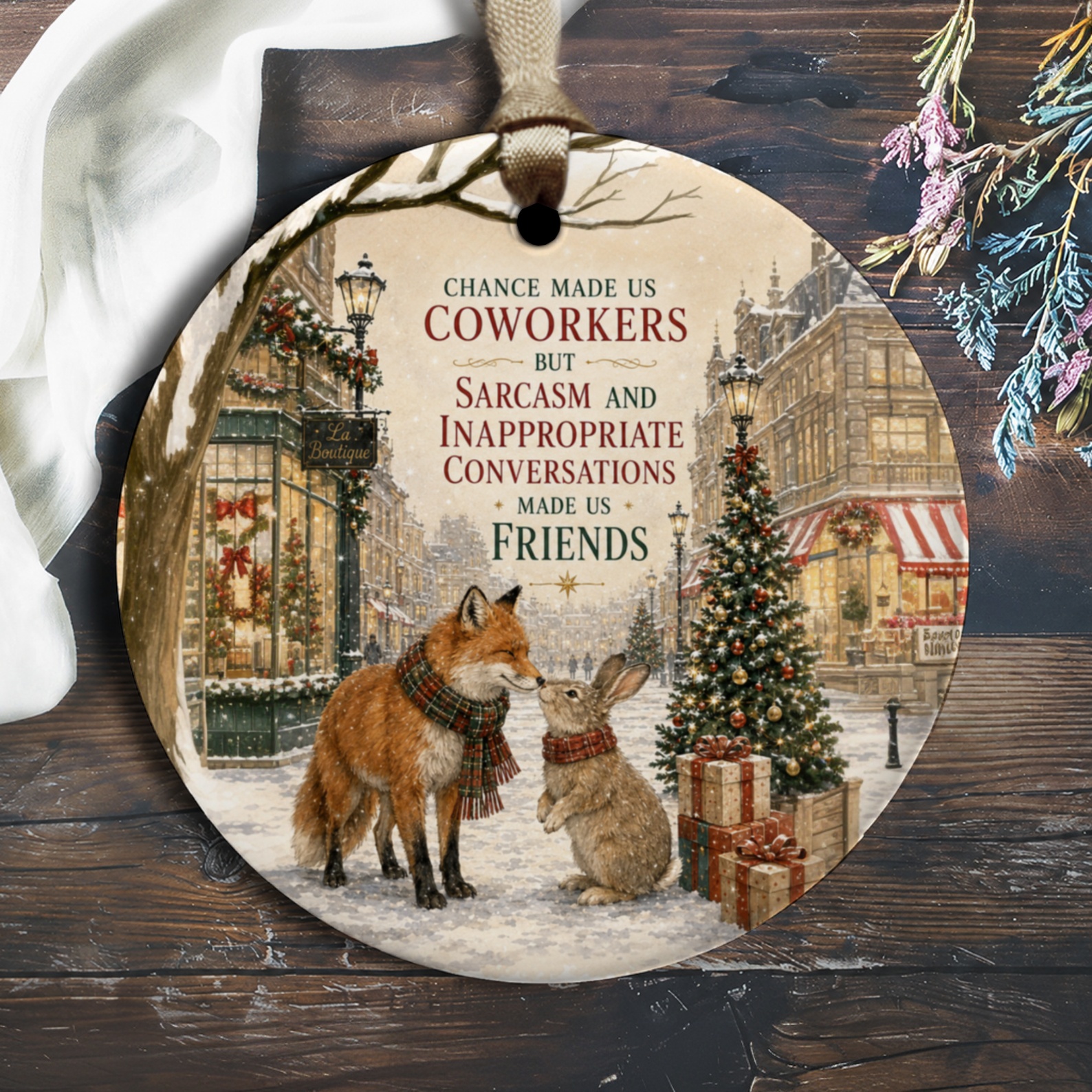 Chance Made Us Coworkers But Sarcasm And Inappropriate Conversations Made Us Friends Ornament Friendship Gift Winter Scene Fox Rab O1333