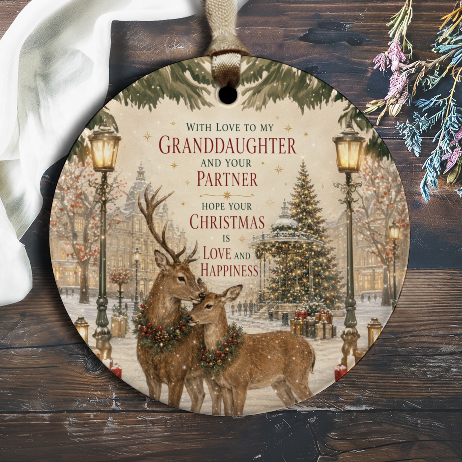 With Love To My Granddaughter And Your Partner Christmas Ornament Holiday Decor Deer Scene Love Happiness Gift O1336