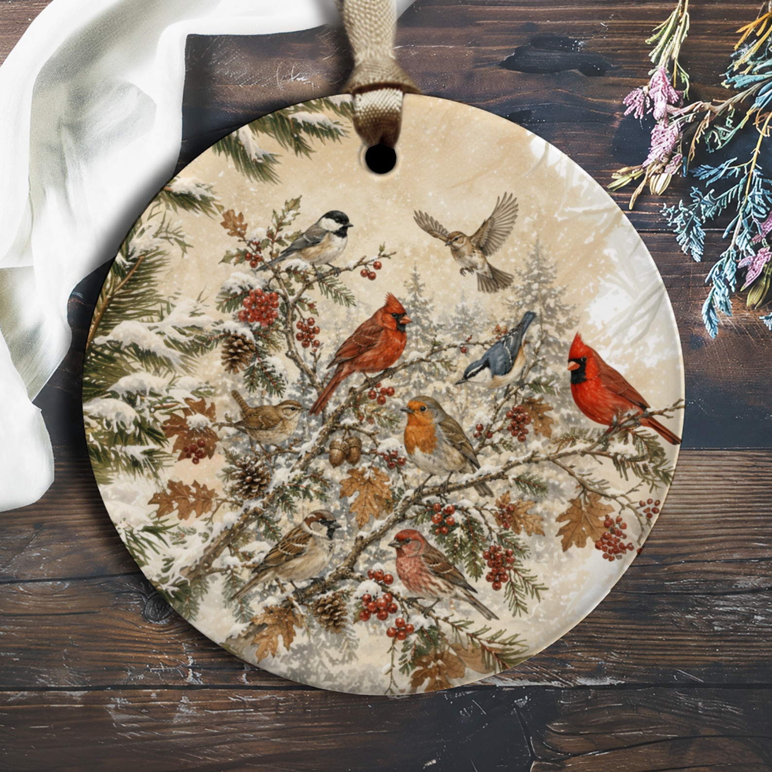 Winter Birds On Branch Christmas Ornament Nature Inspired Holiday Decor Woodland Animal Lover Gift O1337