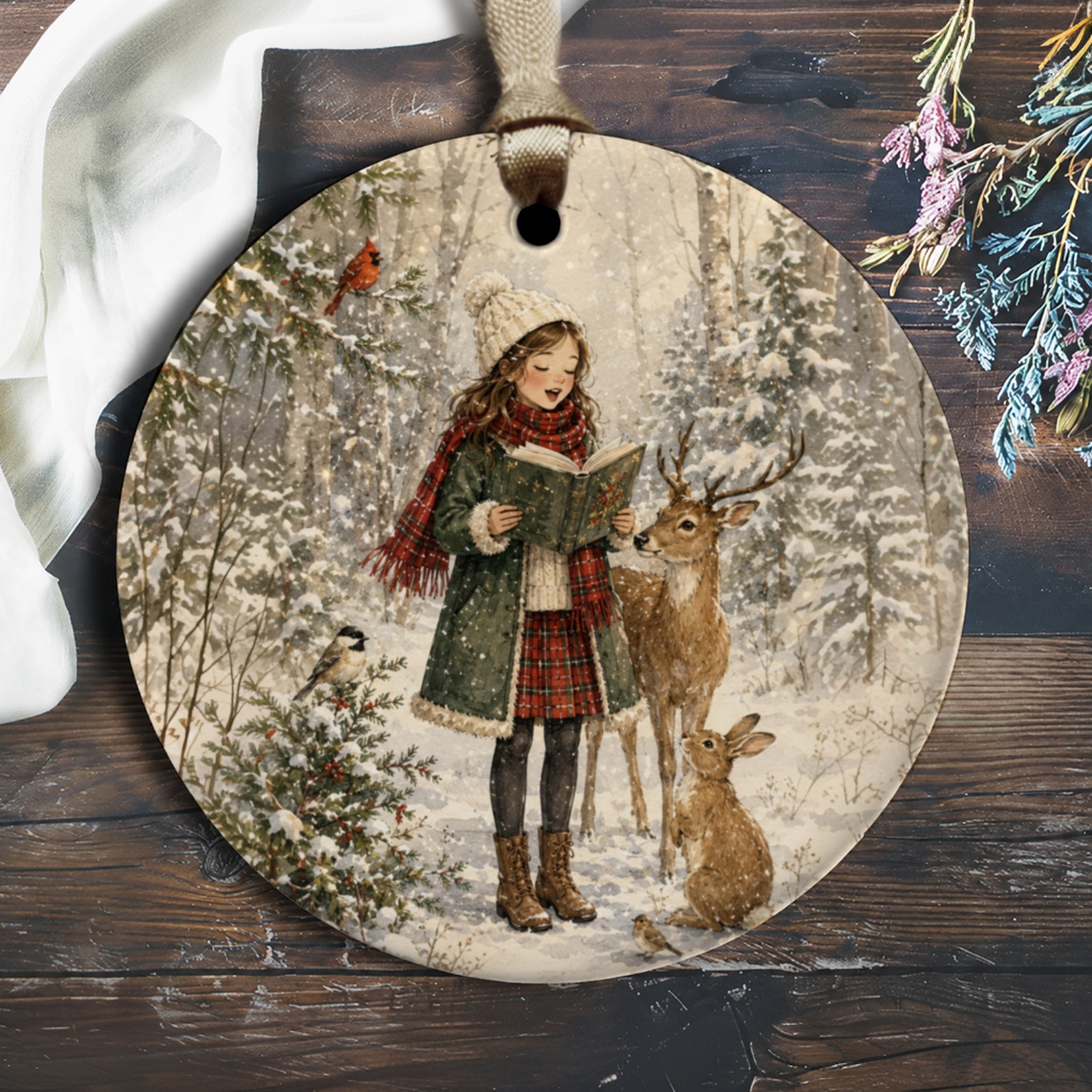 Christmas Ornament Girl Reading With Deer In Snowy Forest Winter Scene Holiday Decor Woodland Animals O1273