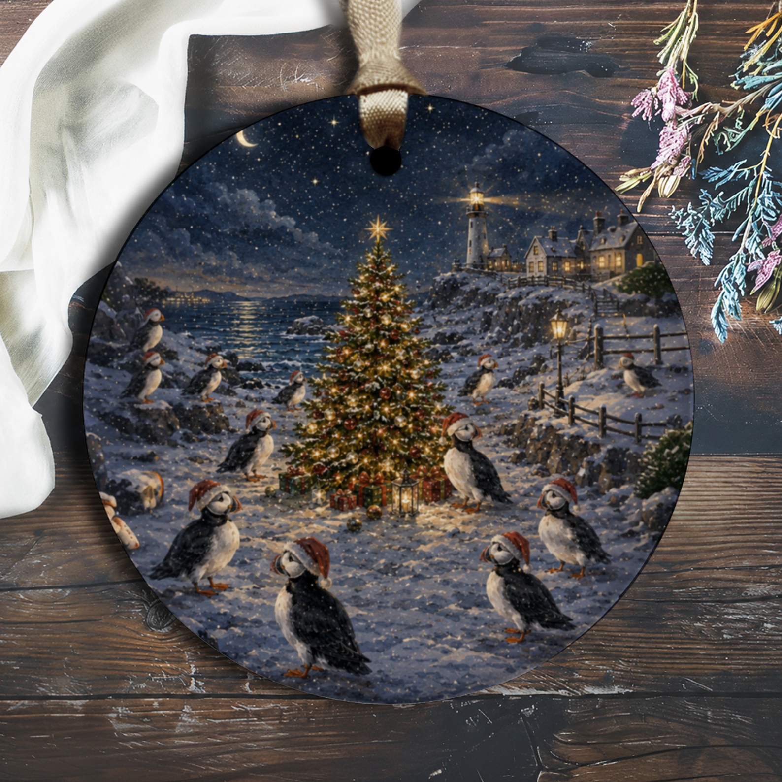 Puffins With Christmas Tree Ornament Festive Holiday Decor Winter Scene Coastal Christmas Gift For Bird Lover O1342