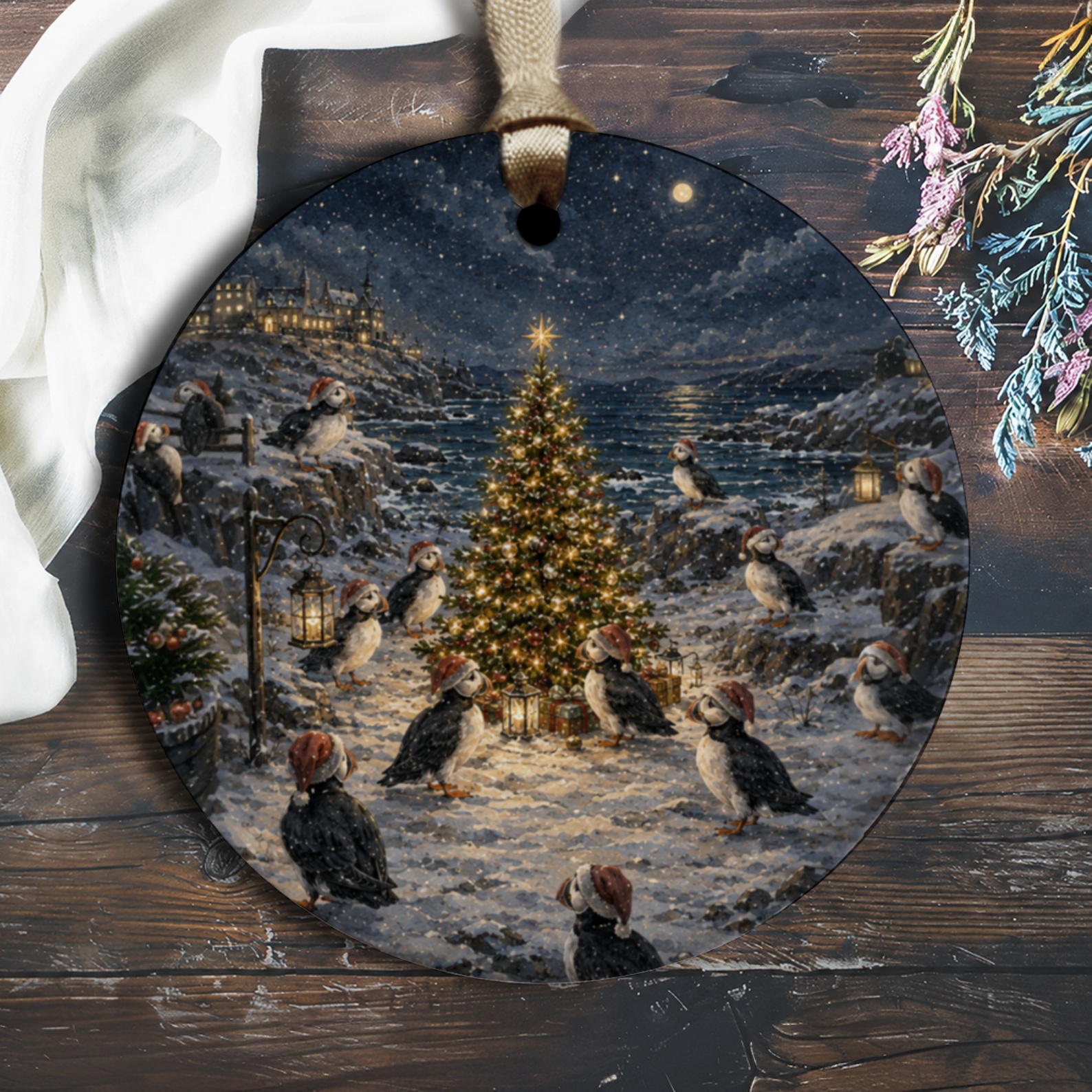 Puffins Around Christmas Tree Ornament Festive Holiday Decor Winter Scene Coastal Wildlife Art Christmas Ornament O1343