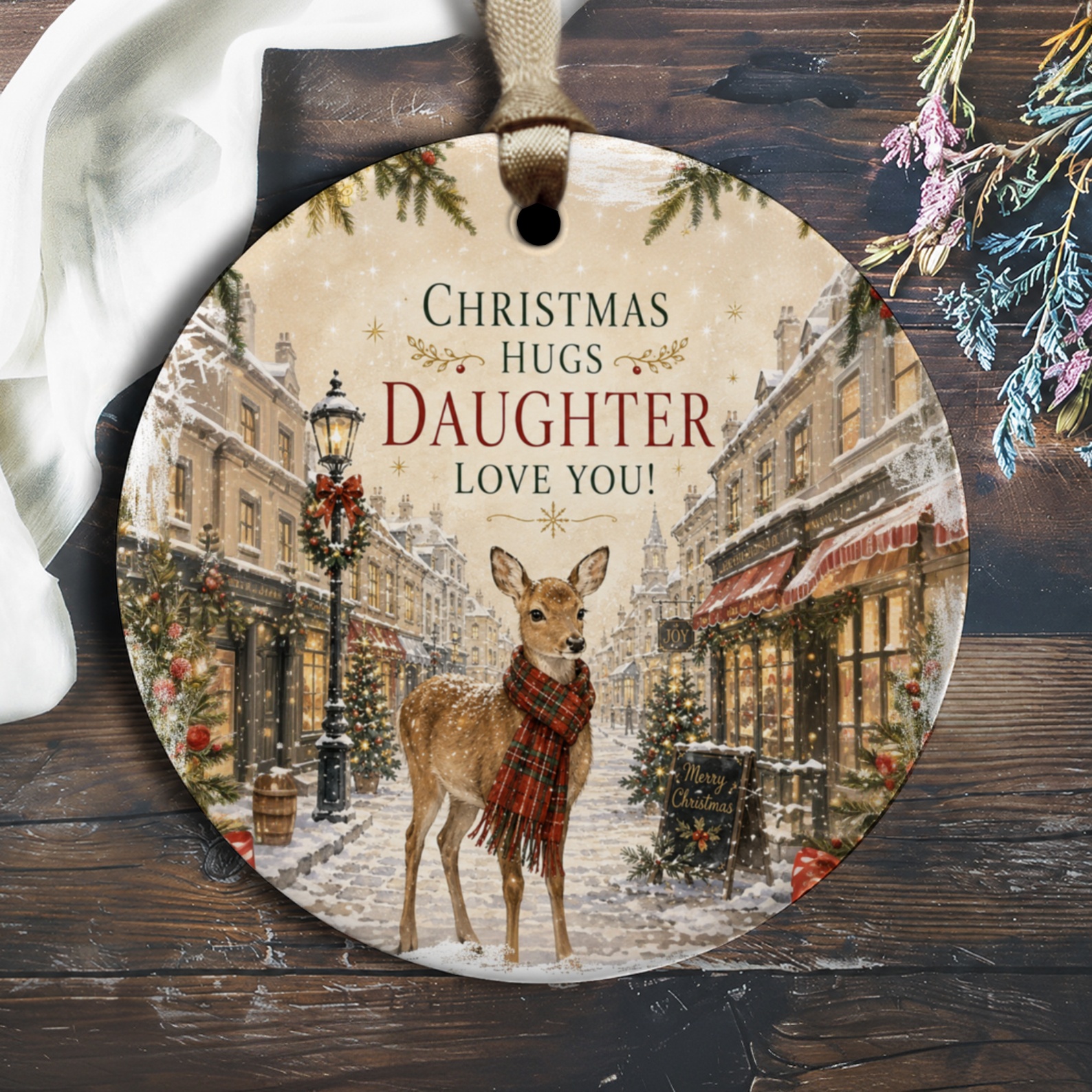 Christmas Hugs Daughter Love You! Ornament Deer Winter Scene Christmas Ornament For Daughter Holiday Decor Gift O1282