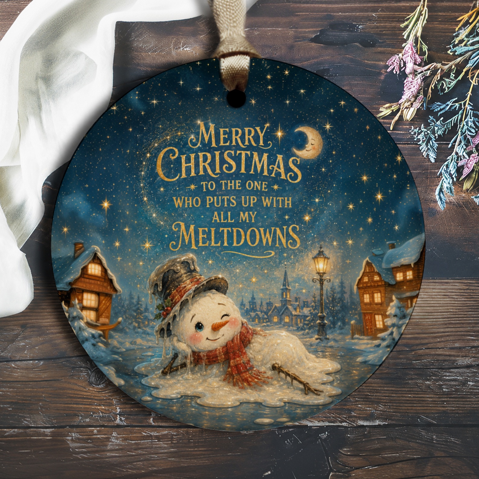 Merry Christmas To The One Who Puts Up With All My Meltdowns Ornament Funny Snowman Winter Village Holiday Decor Gift O1352