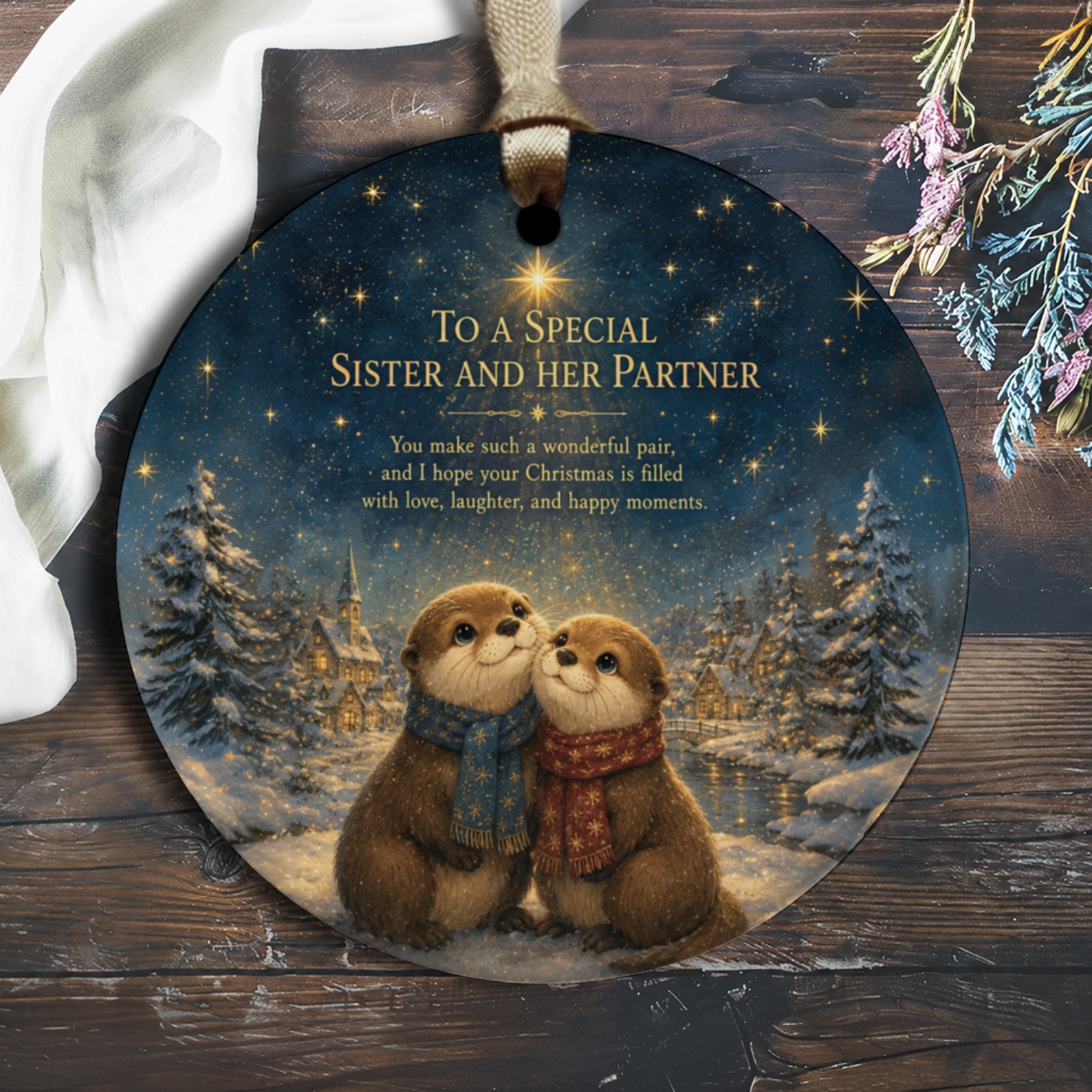 To A Special Sister And Her Partner Christmas Ornament Cute Otter Winter Scene Holiday Decoration For Family Festive Gift O1356