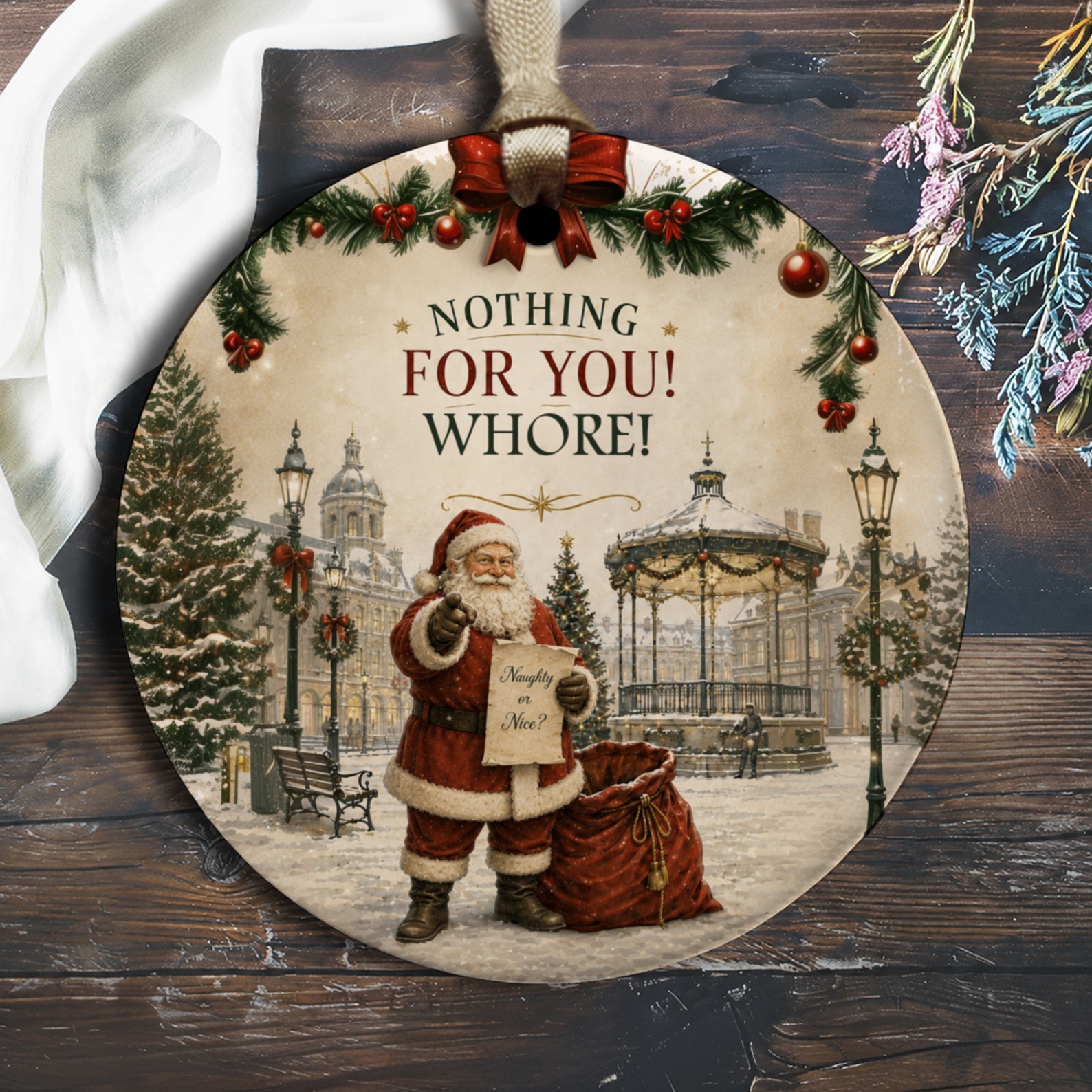 Nothing For You! Whore! Funny Christmas Ornament Santa Naughty Or Nice List Holiday Decor Gift O1358