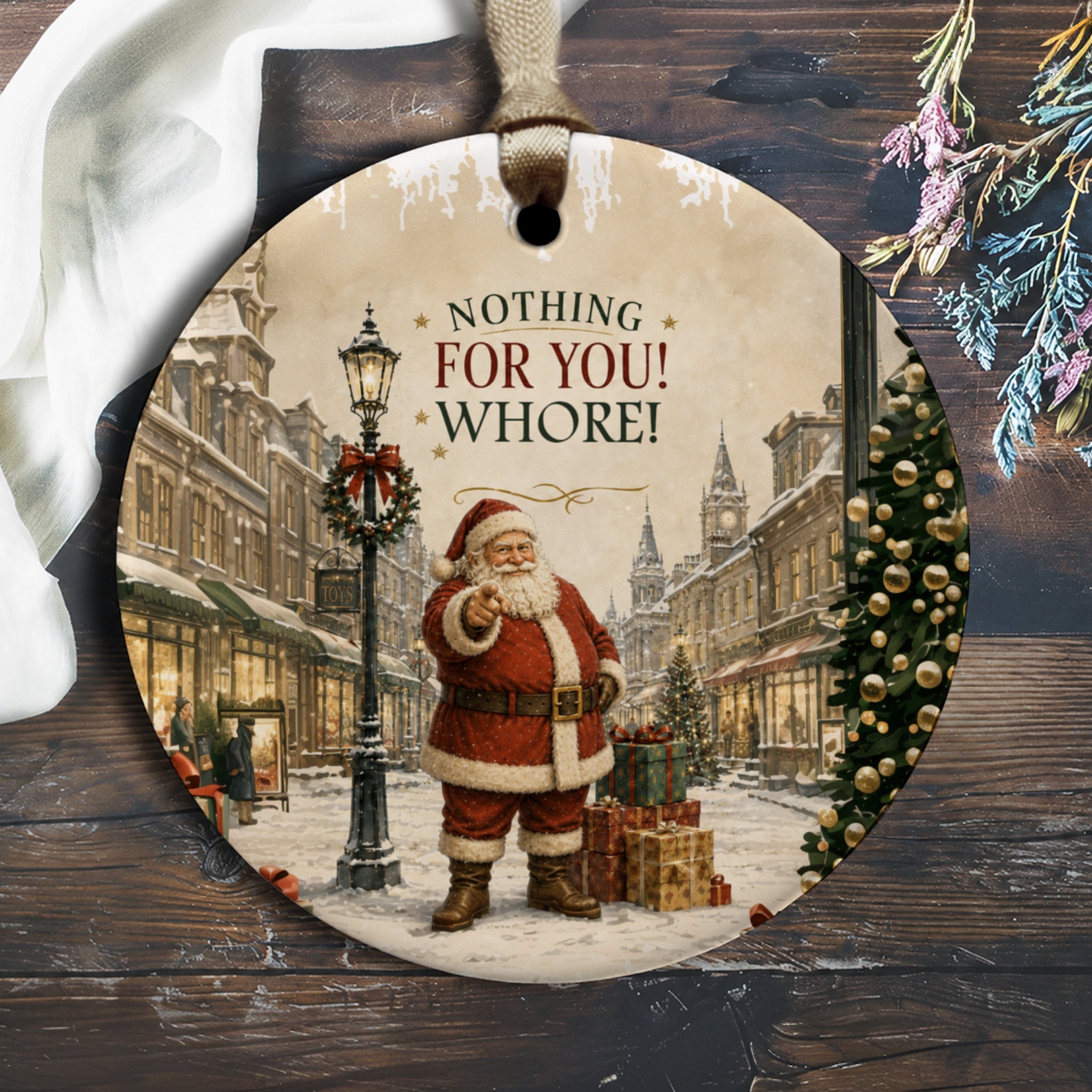 Nothing For You! Whore! Funny Christmas Ornament Santa Holiday Decor Festive Street Scene Unique Gift O1359