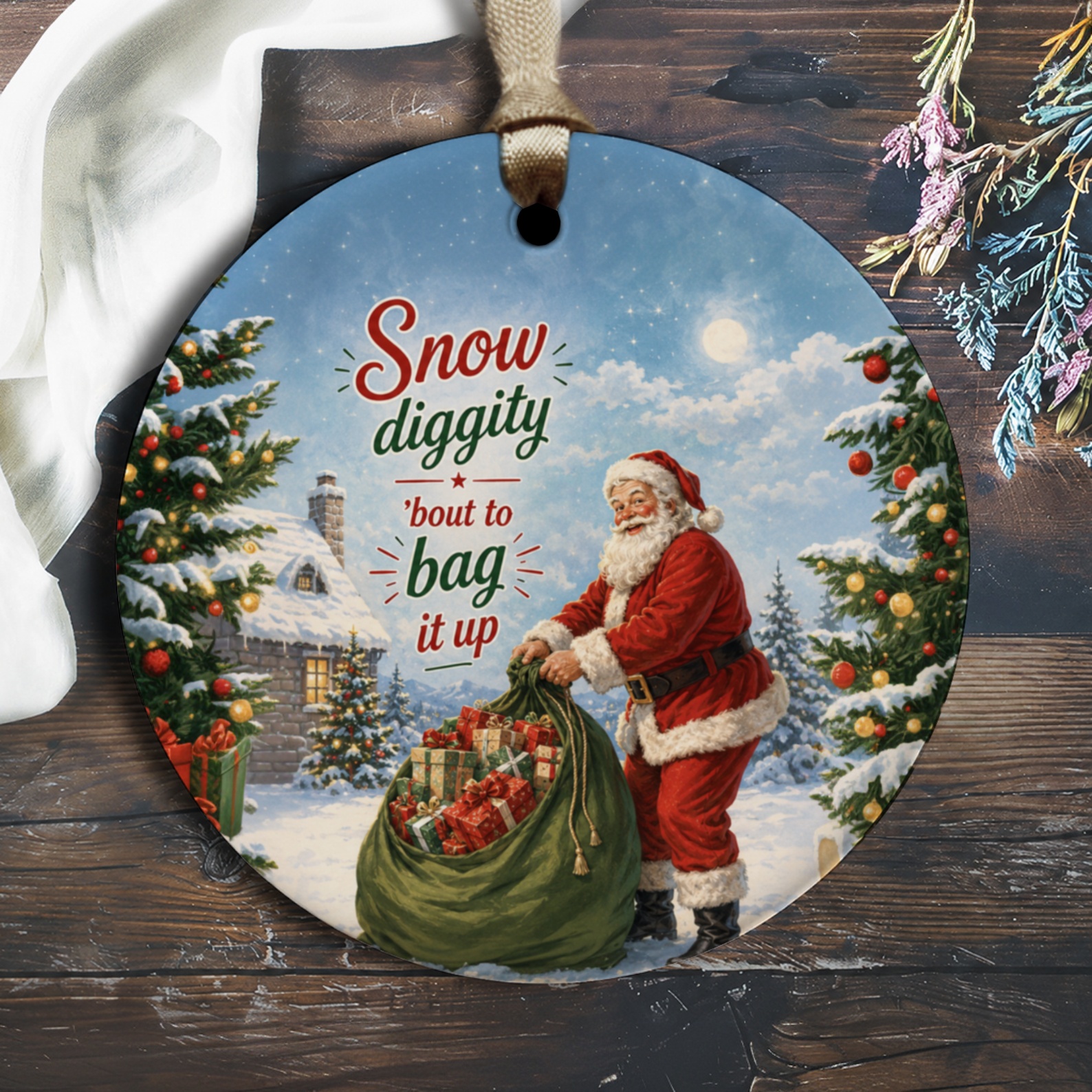 Snow Diggity 'bout To Bag It Up Christmas Ornament Santa With Gifts Holiday Decor Festive Tree Decoration Winter Wonderland O1314
