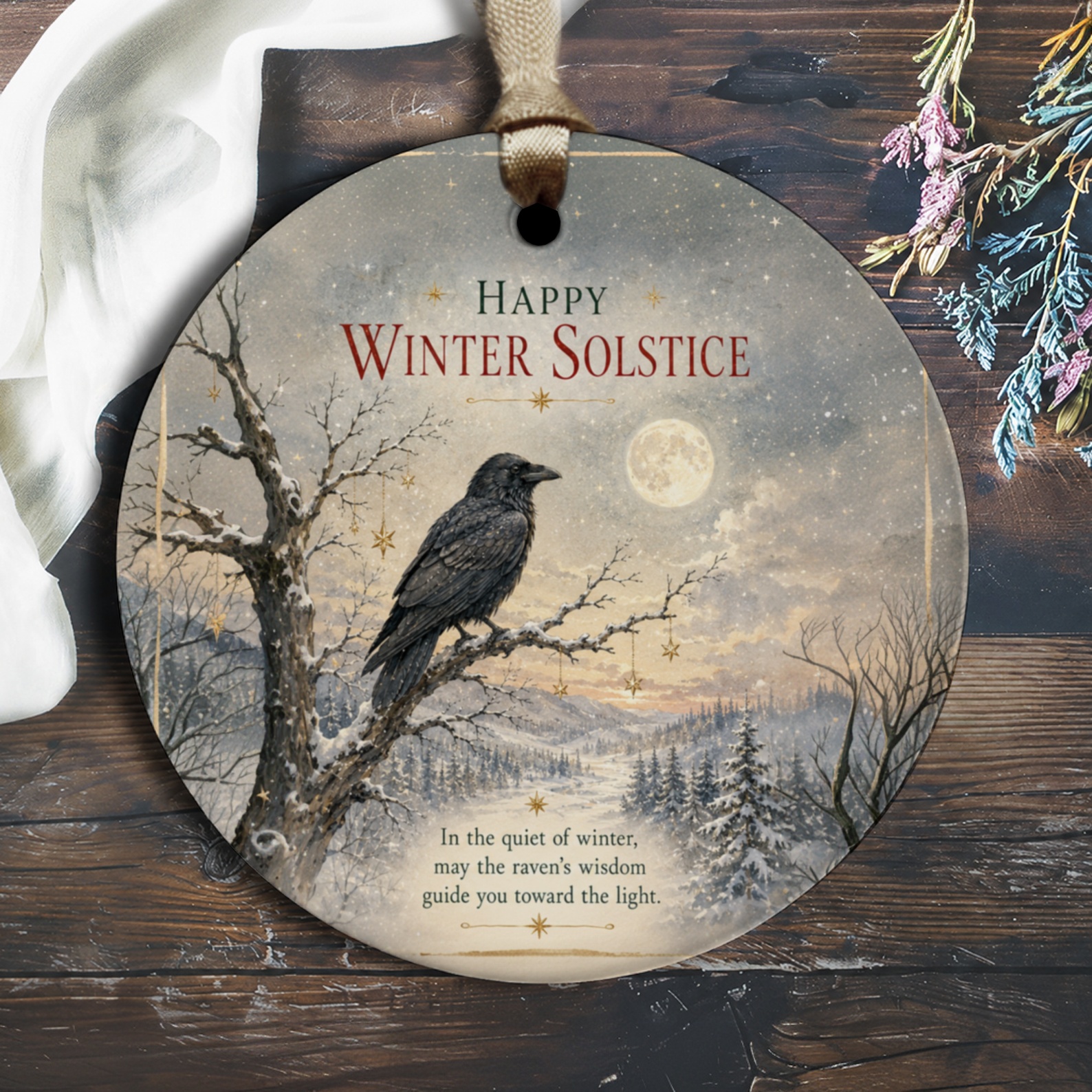 Happy Winter Solstice Ornament Raven On Winter Tree Seasonal Decor Nature Lover Gift Woodland Scene O1320