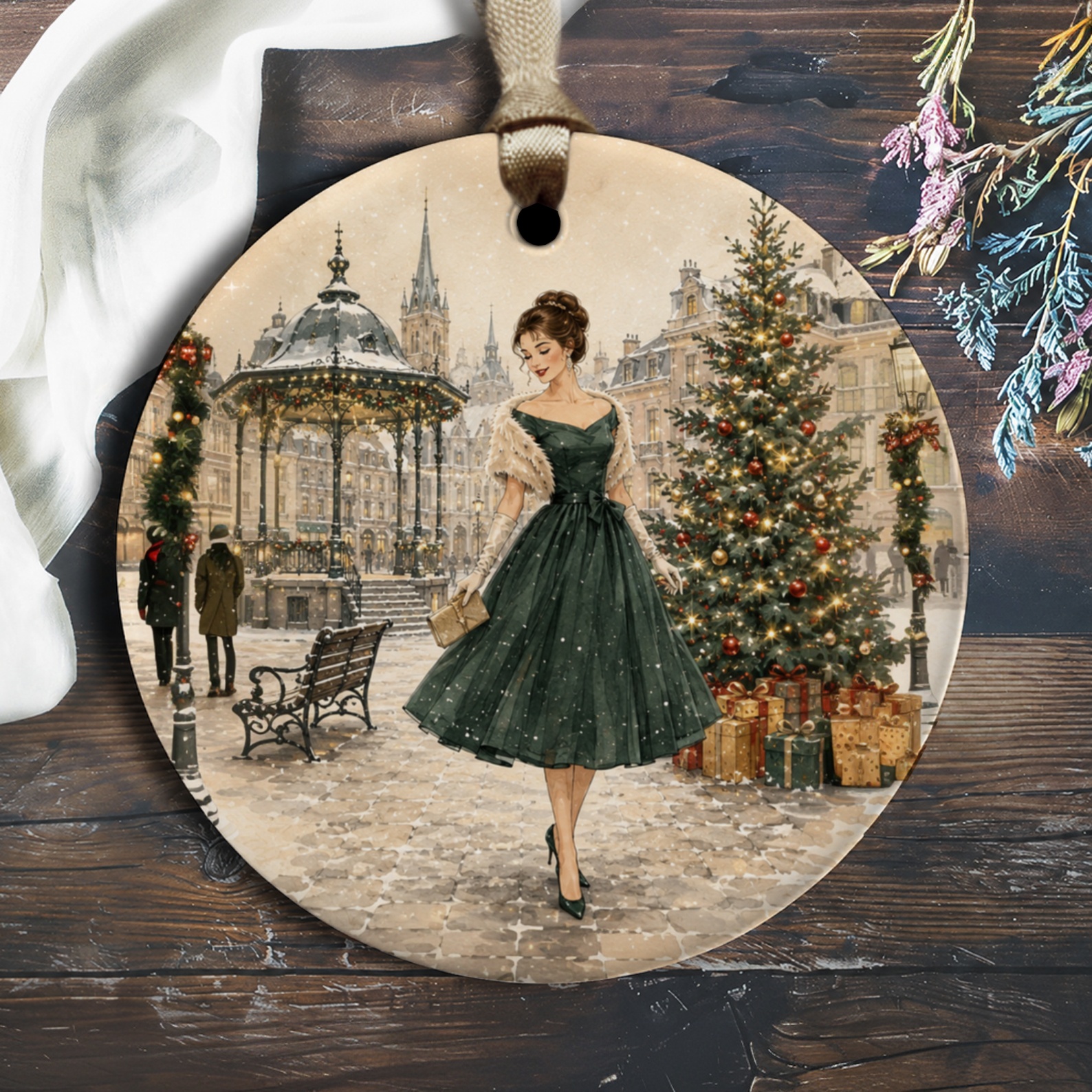 Vintage Christmas Scene Ornament Elegant Holiday Decor Winter Cityscape Christmas Tree Festive Home Decoration Gift O1321