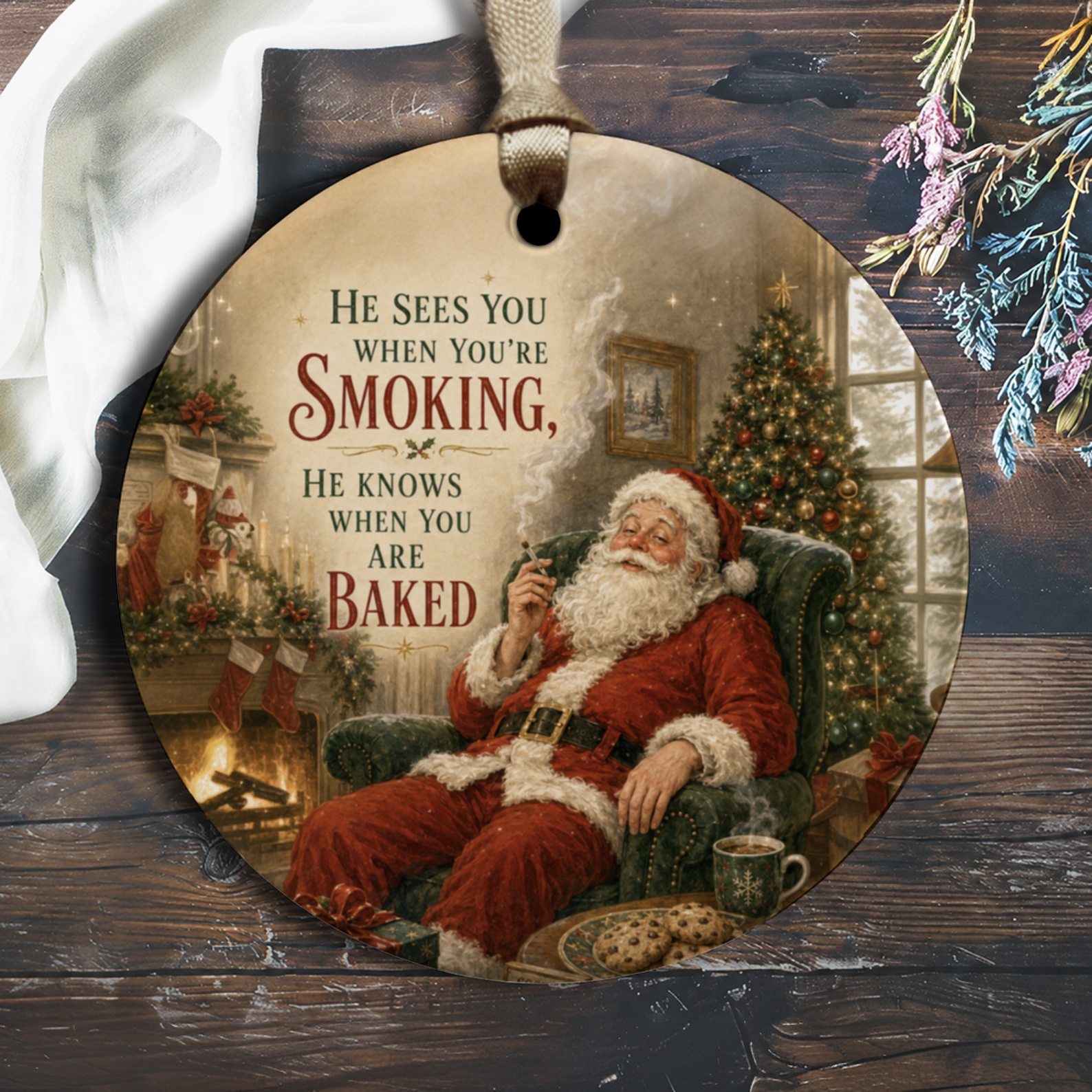 He Sees You When You're Smoking Funny Christmas Ornament Santa Holiday Decor Xmas Tree Decoration Gift O1324
