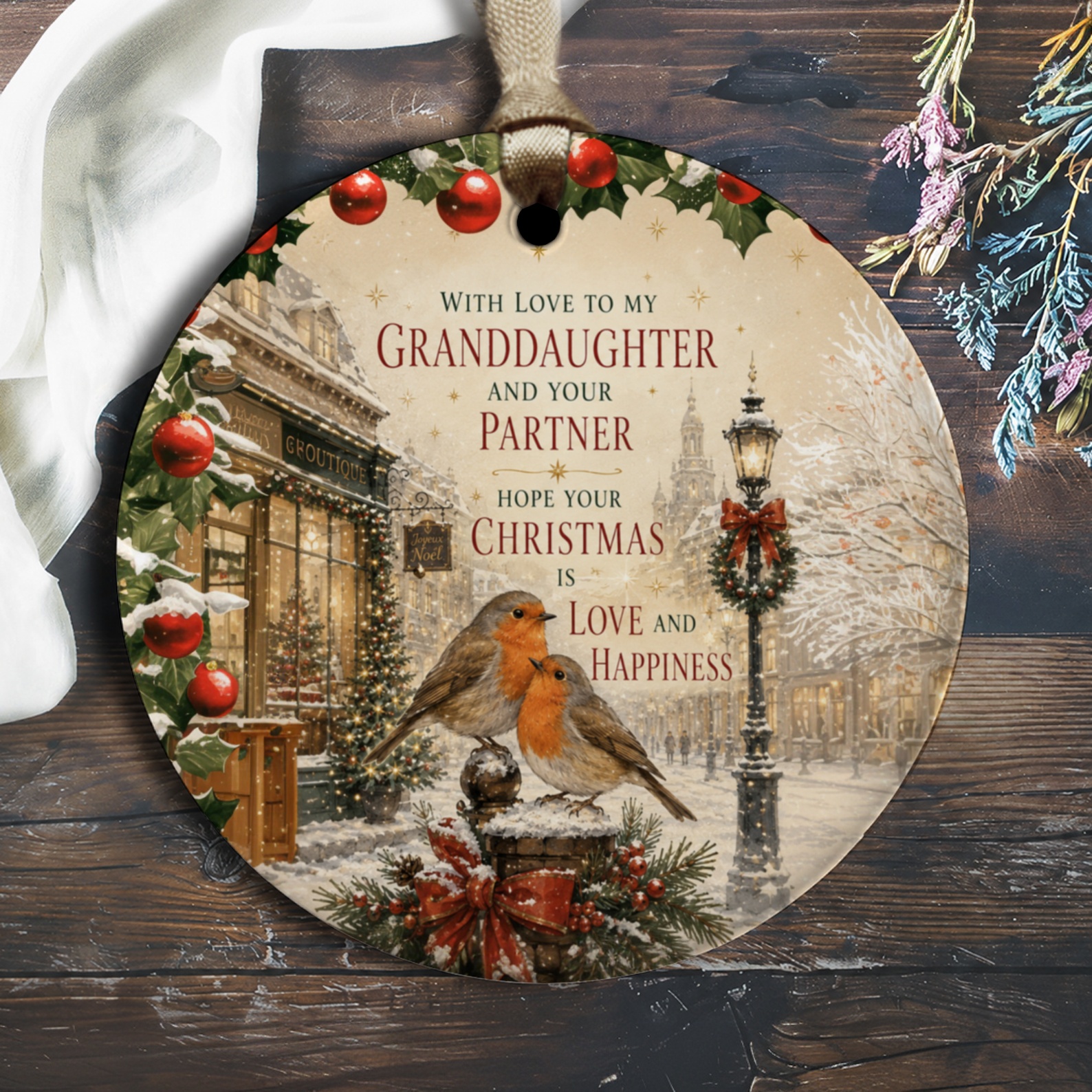 With Love To My Granddaughter And Your Partner Christmas Ornament Holiday Decor Robins Festive Scene Love Happiness O1335