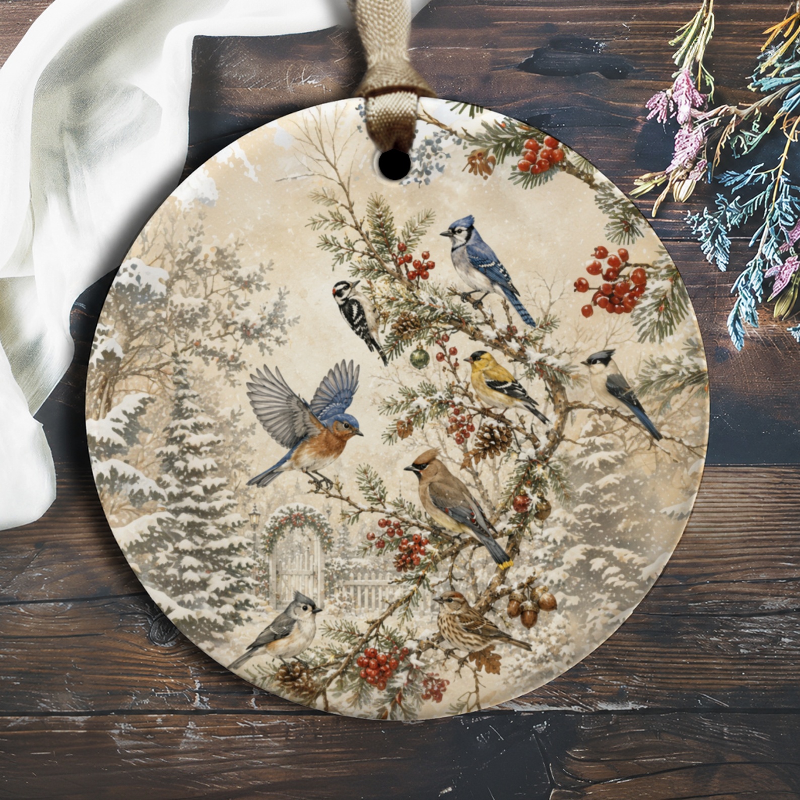 Winter Birds On Branch Christmas Ornament Nature Lover Holiday Decor Woodland Wildlife Art Hanging Decoration O1338