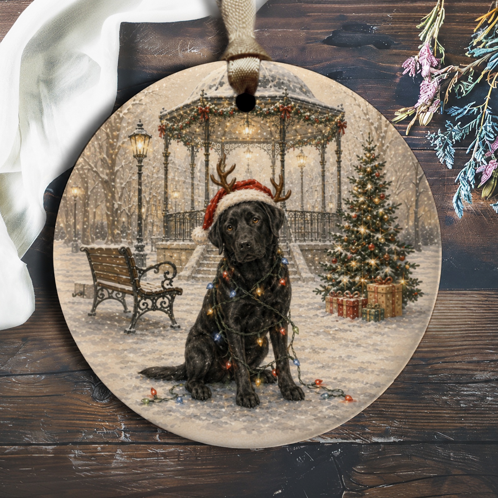 Dog With Santa Hat Christmas Ornament Cute Holiday Decor Black Lab With Lights Winter Scene Festive Tree Decoration O1340
